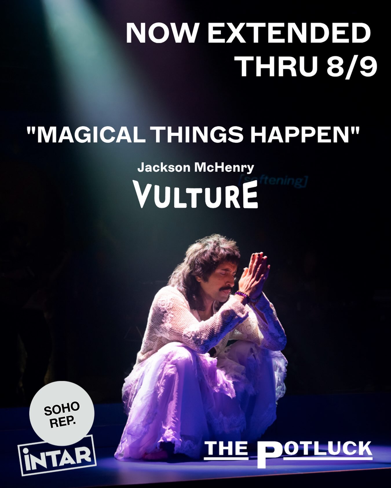 🎉 Extended again! Thanks to the overwhelming audience demand, and critical acclaim, César Alvarez’s The Potluck has been extended one final time through August 9.
Don’t miss this “stunning work of experimental musical theatre, as poignant as it is pointed.” (TheatreClique)