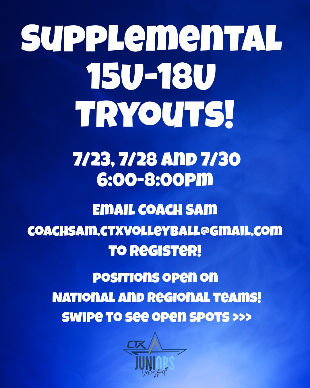 🚨 15U–18U SUPPLEMENTAL TRYOUTS 🚨
There’s still time to join the CTX Volleyball family! 💙🏐
We still have open spots available on both our National and Regional teams for the 15U–18U age groups.
👉 Swipe to see which positions are still available!
Choose the date that works best for you:
📅 July 23 | 🕕 6:00–8:00 PM
📅 July 28 | 🕕 6:00–8:00 PM
📅 July 30 | 🕕 6:00–8:00 PM
If you’re looking for a fresh start, want to compete at a high level, or are still searching for the right club home, this is your opportunity!
📩 Email Coach Sam to register:
coachsam.ctxvolleyball@gmail.com
Don’t miss your chance to earn your spot for the 2026–2027 season. We can’t wait to see you in the gym! 💙
#clubvolleyball #clubvolleyballtryouts #volleyball #ctxjuniors #austinvolleyball