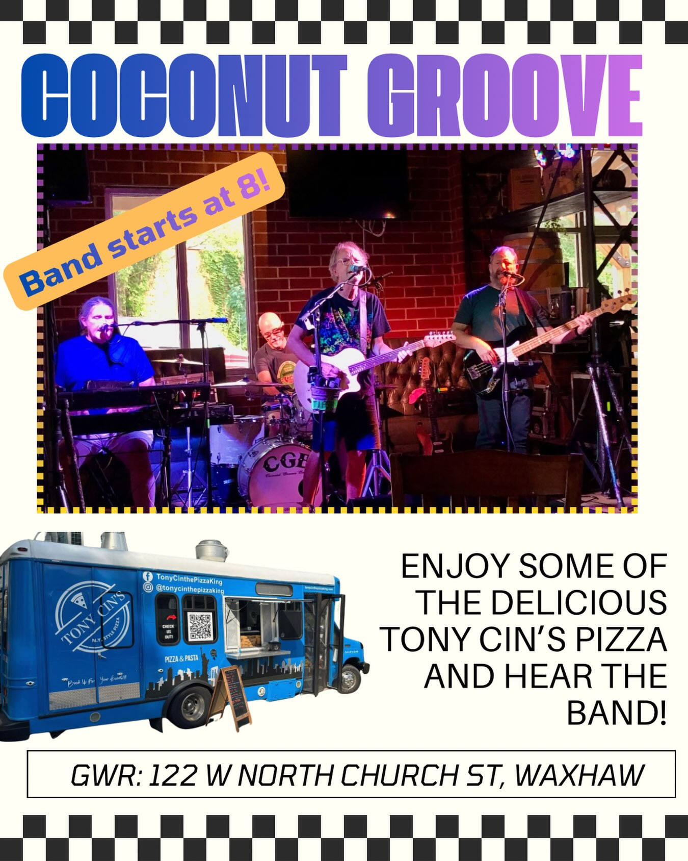 Come join us tonight for Coconut Groove and Tony Cin’s! Stay dry inside with some tasty pizza, great music, and awesome drinks! See you there (;