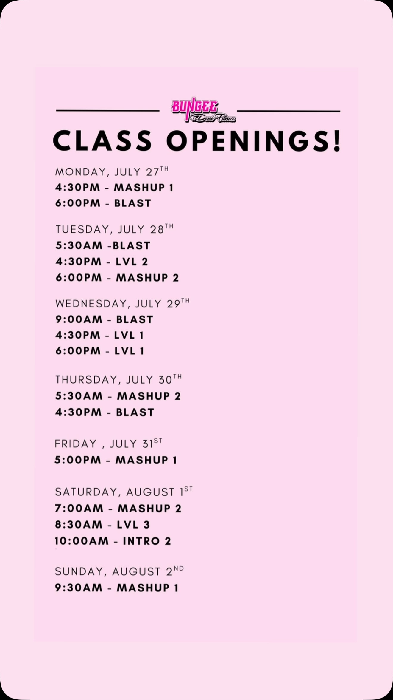 Ending July and headed into August this week! Let’s finish this month strong and sign up for some bungee!! SPOTS ARE OPEN🤍⭐️💕