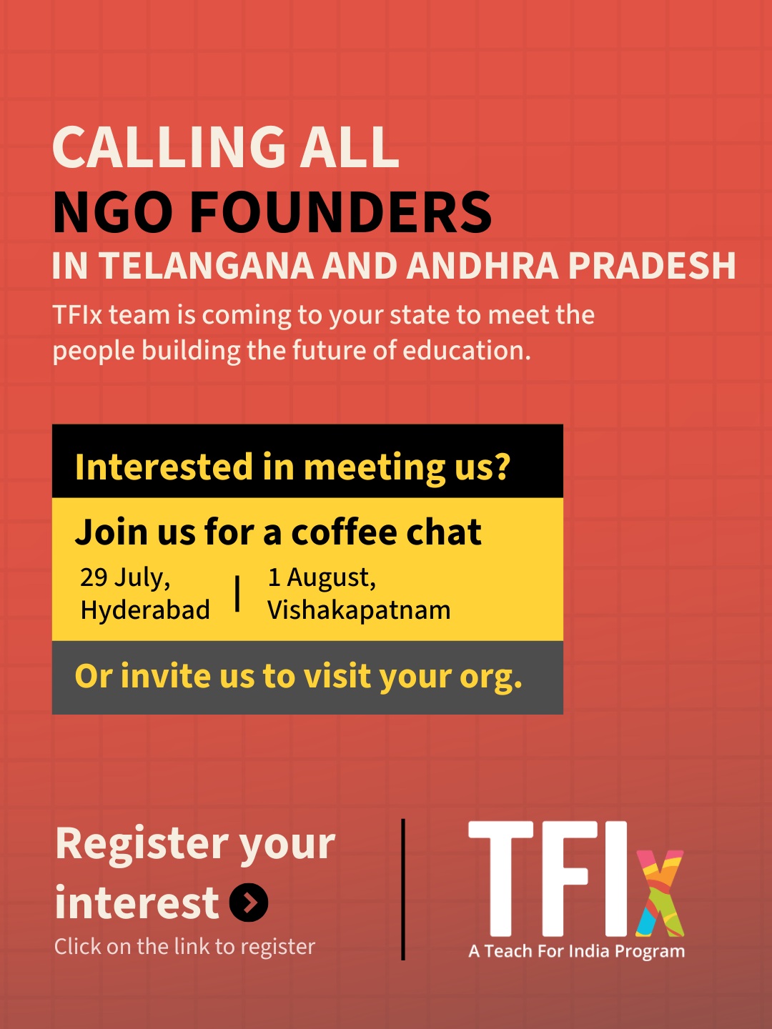 We’re heading to Telangana & Andhra Pradesh!
Every region has unique challenges and stories of change. If you're an education entrepreneur working directly with children, we want to learn from your work and explore how we can strengthen impact together.
Connect with us:
- Hyderabad Coffee Chat: 29 July (3–5 PM)
- Vizag Coffee Chat: 1 August
- Ground Visits: Invite us to your organization!
Tap the link in stories to register and meet the team.
#TFIx #TeachForIndia #SocialEntrepreneurs #EduLeaders #SocialImpactIndia#ruralentrepreneurship #educationentrepreneur