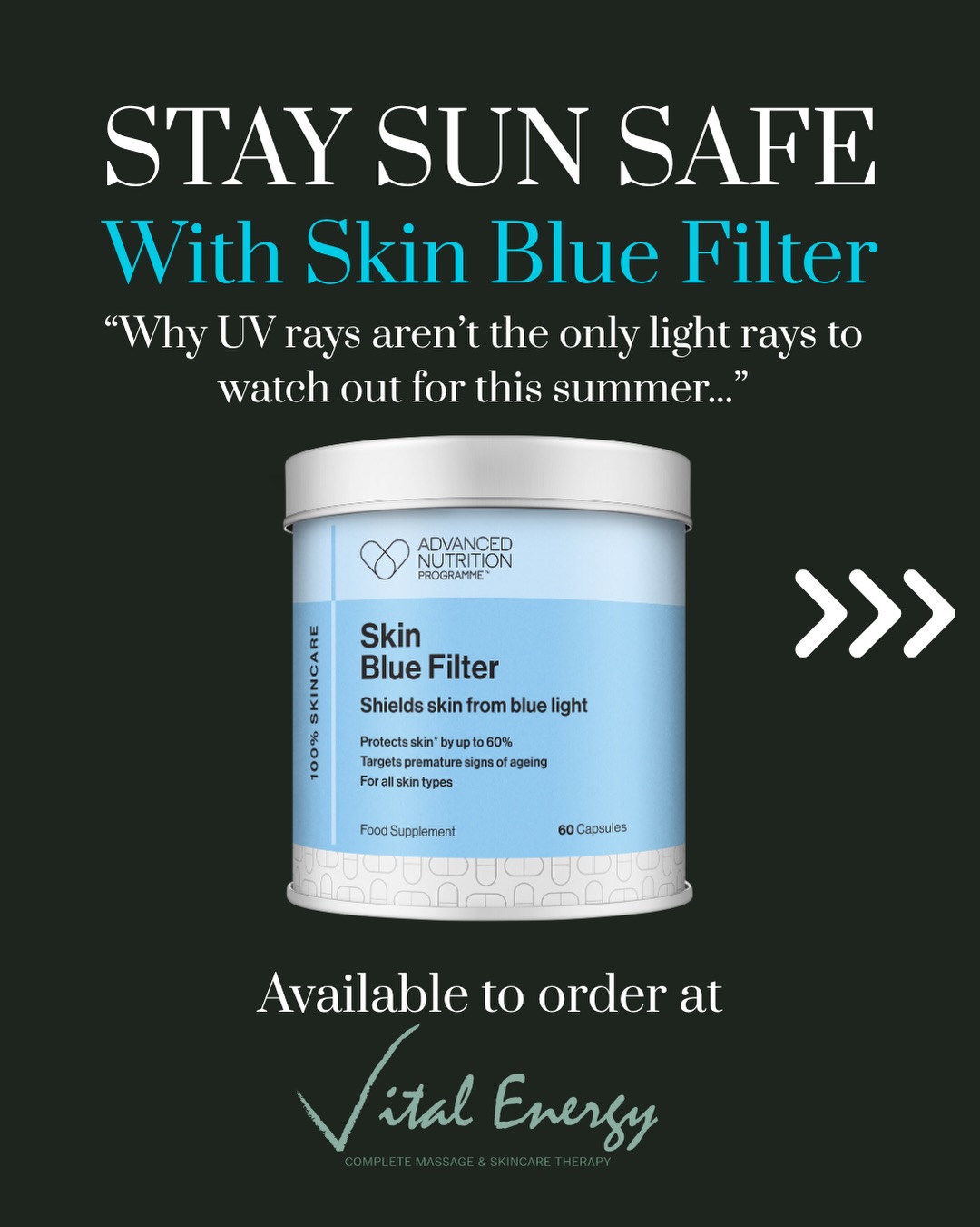 Whilst only 5% of sunlight is made up of UV, blue light makes up 30% - 6x more than UV 🤯.
Skin Blue Filter from the Advanced Nutrition Programme is a groundbreaking supplement designed to protect the skin from HEV blue light 🔵💡.
Visit our website to order yours today, or book a consultation to find out how we can help you with your skin journey.
Containing Lutein, Zeaxanthin, Olive Fruit Extract, Vitamin E, and Biotin, it plants carotenoids to protect skin cells from blue light, oxidative stress, environmental pollution, and discolouration, whilst maintaining general skin health 💚.
As an added benefit, it boosts collagen and elastin production which reduces fine lines, wrinkles, and skin sagging to keep the skin looking plump and youthful 👶 .
#advancednutritionprogramme
#bluelight
#awardwinningtherapist
#skincare
#iiaa