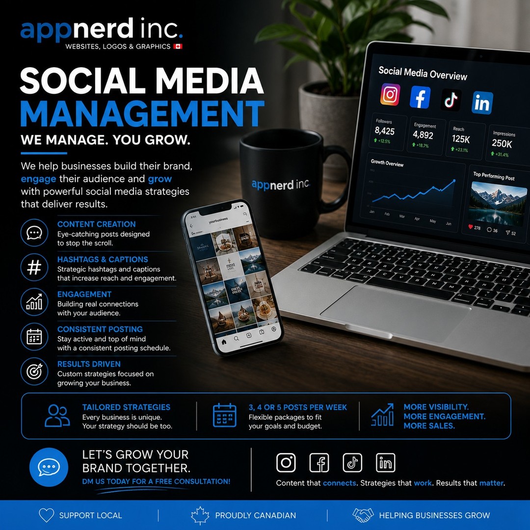 📱 Your customers are scrolling. Make sure they stop on your business.
Posting on social media isn't enough anymore.
Success comes from having a strategy, creating content that people actually want to engage with, and showing up consistently.
That's where AppNerd Inc. comes in.
We help businesses grow their online presence with professionally managed social media that builds trust, increases engagement, and keeps your brand top of mind.
Our Social Media Management services include:
📸 Custom Content Creation
✍️ Professional Captions & Strategic Hashtags
📅 Consistent Posting Schedule
💬 Audience Engagement
📈 Growth-Focused Strategies
🎯 Tailored Content for Your Business
Whether you're a local business, restaurant, retail store, contractor, wellness clinic, or service provider, we'll help you create a social media presence that reflects the quality of your business.
🇨🇦 Proudly Canadian. Proudly Local.
We work one-on-one with our clients to create authentic content that connects with their audience and supports long-term growth.
✨ More visibility.
💬 More engagement.
🤝 More customers.
Ready to take social media off your to-do list?
📩 Send us a message today for a FREE consultation, and let's grow your brand together.
#SocialMediaManagement #SocialMediaMarketing #ContentCreation #InstagramMarketing #FacebookMarketing #SmallBusiness #BusinessGrowth #SupportLocal #CanadianBusiness #DigitalMarketing #Entrepreneur #MarketingStrategy #BrandAwareness #YorkRegionBusiness #NewmarketOntario #AppNerdInc #GrowYourBusiness #LocalBusiness #ShopLocal #MadeInCanada