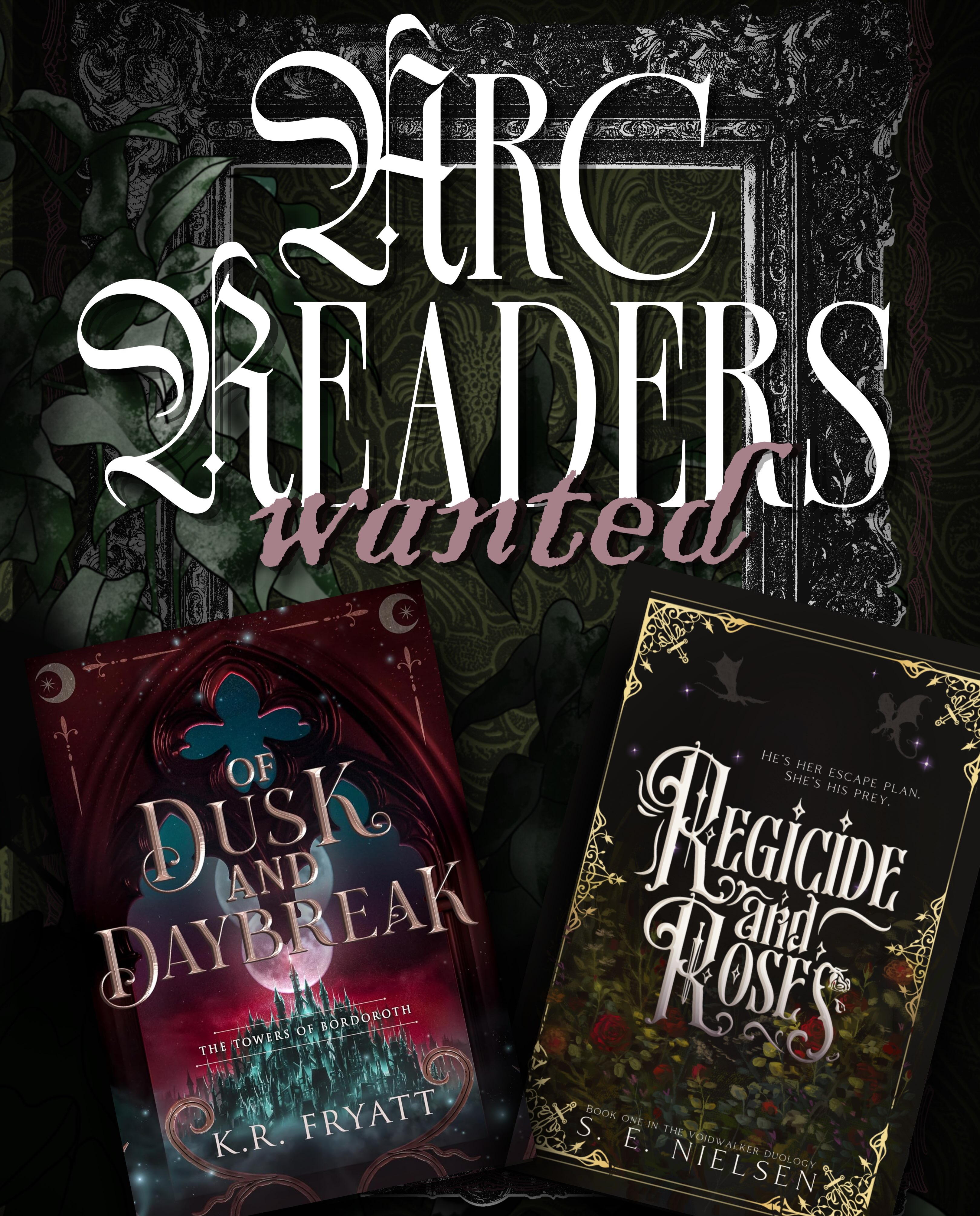 Last day of my epic ARC collab week! Let’s surprise @author_k.r.fryatt with some ARC readers while she’s busy at Villains & Vixens!
‼️ARC sign-ups are open for a Gothic Romantasy with dragons and an Epic Romantasy! Run to the authors’ bios to apply. Full blurbs can be found in the applications.
👇What can you expect in these books?👇
📖Regicide and Roses by S. E. Nielsen
@senielsen.author
A princess, desperate to leave her kingdom and her royal duty to marry, unknowingly makes a deal with the dark sorcerer sent undercover to 💀 her and her entire bloodline. Get ready for blood, banter, and booby traps 🤘
🥀Forbidden love
🥀Hidden identity
🥀He falls first (and harder)
🥀Steamy wound tending
🥀”Just this once.”
🥀Dark sorcerer x damsel princess
🥀He hates that he yearns for her
🥀She’s SO done with men
📖Of Dusk and Daybreak by K. R. Fryatt
@author_k.r.fryatt
Brimming with heartache, yearning, gut-wrenching twists, and edge-of-your-seat action, OF DUSK AND DAYBREAK has lovingly been dubbed ✨The Traumonster✨ This second book in The Towers of Bordoroth series is the epic conclusion of Brand & Lunara’s sweeping love story—an intense and gripping third-person, multi-POV, character-driven romantasy featuring lyrical prose, immersive world-building, and intricate plot.
🖤Fated mates
🖤Lovers to...enemies???👀
🖤Found family
🖤Emotional HEMORRHAGE
🖤Feminine RAGE
🖤Animal companions
🖤Prophecies & unhinged oracles
🖤Villain POVs
🖤D R A M A
