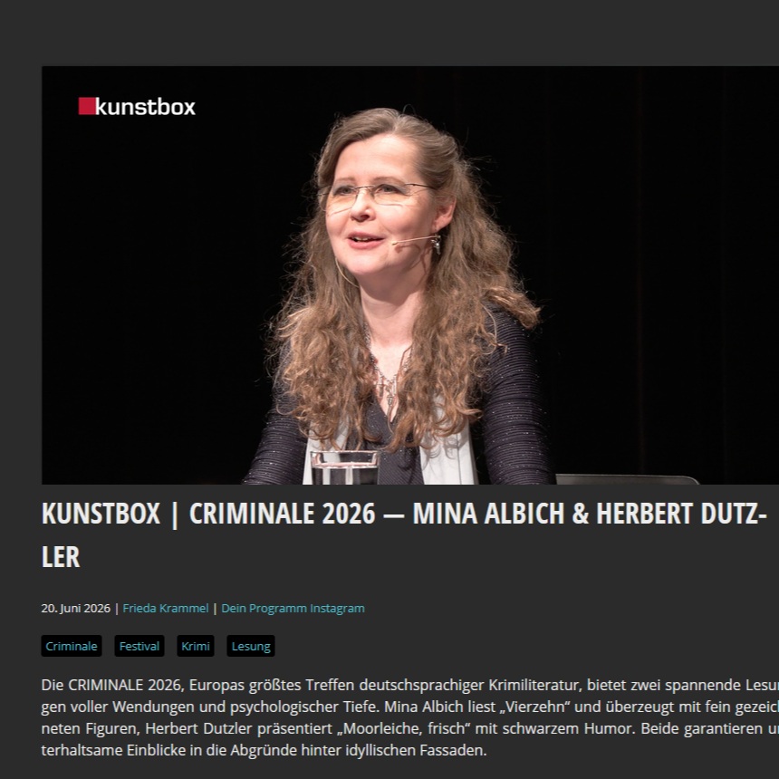 CRIMINALE-Rückschau der besonders erfreulichen Art:
Die Lesung in der Kunstbox mit Herbert Dutzler und mir wurde aufgezeichnet. Und im Regionalfernsehen ausgestrahlt!
Hier könnt ihr hineinschauen:
https://fs1.tv/kunstbox-criminale-2026-mina-albich-herbert-dutzler/
@fs1communitytv
@syndikat.kriminalliteratur
@emailwerk
@gmeinerverlag
@emons_verlag
@krimiautor_innen.at