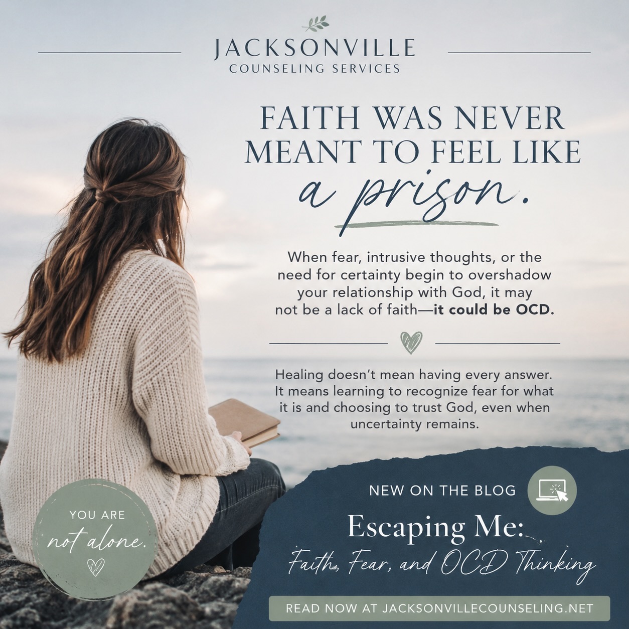 If you’ve ever wondered, “What if I don’t believe enough?” or “What if God is disappointed in me?” You’re not alone. OCD often attacks what we treasure most, and for many, that’s their relationship with God.
Healing is possible. Faith doesn’t have to be fueled by fear.
Read our latest blog by Sara Hart: Escaping Me: Faith, Fear, and OCD Thinking.
#FaithAndMentalHealth #OCDAwareness #Scrupulosity #ChristianMentalHealth #HealingIsPossible JacksonvilleCounseling