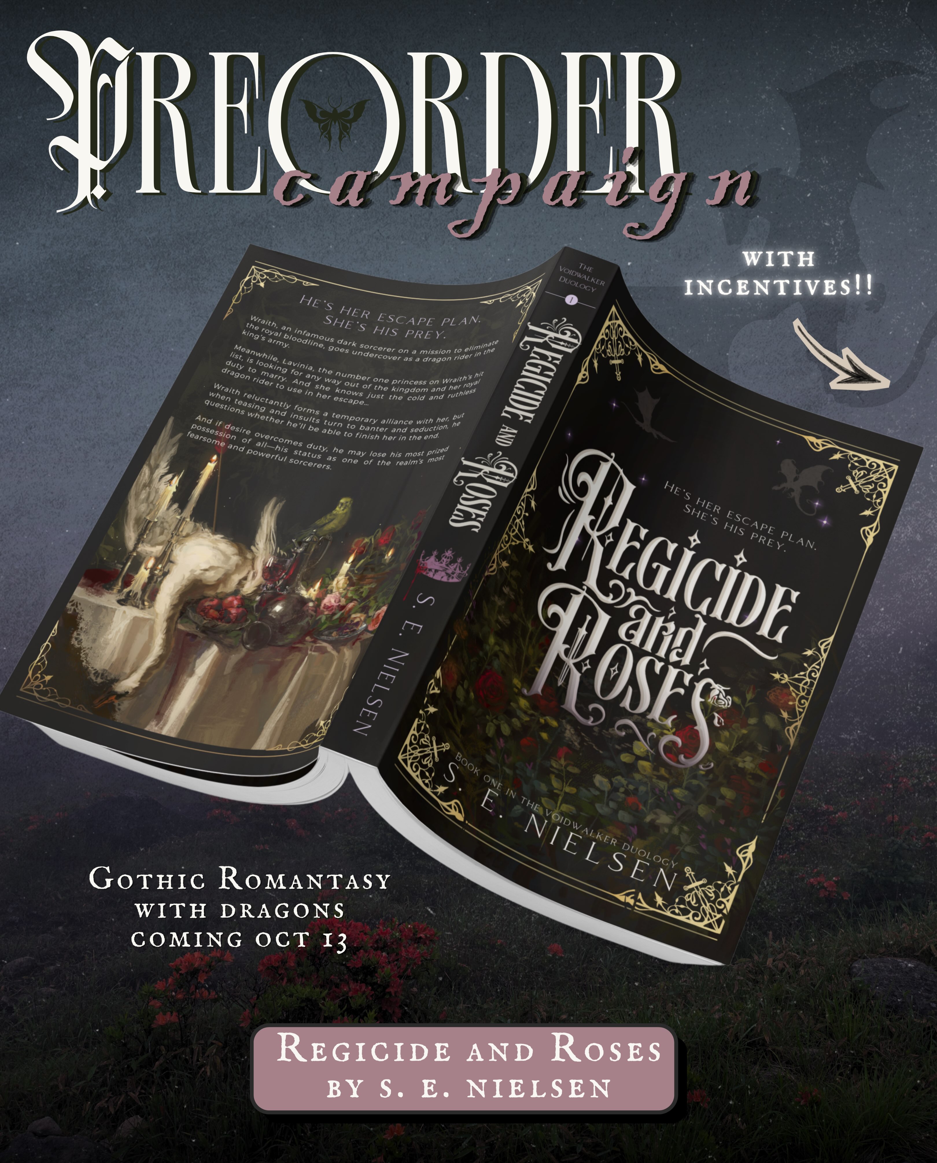 SHOP INDIE!
I’m so thrilled so many bookstores are excited to partner together on this preorder campaign.
〰️Comment “INDIE” and I’ll send you the link of participating bookstores, or find ‘Preorder RaR’ in my bio.〰️
Each preorder will come this stunning signed paperback, two PREORDER EXCLUSIVE art prints, two maps, and a themed bookmark.
Participating stores (as of posting):
@dandkbooks
@fablesandfairytalesbookshop
@pagesandgrapes
@thewellreddamsel
@withlovemeena_
@willowanddagger
And more to come 🖤
———
If you’re new here👇
📖Regicide and Roses by S. E. Nielsen
𝐇𝐞’𝐬 𝐡𝐞𝐫 𝐞𝐬𝐜𝐚𝐩𝐞 𝐩𝐥𝐚𝐧.
𝐒𝐡𝐞’𝐬 𝐡𝐢𝐬 𝐩𝐫𝐞𝐲.
Wraith, an infamous dark sorcerer on a mission to eliminate the royal bloodline, goes undercover as a dragon rider in the king’s army.
Meanwhile, Lavinia, the stubborn and witty princess on Wraith’s hit list, is looking for any way out of the kingdom and her royal duty to marry.
*And she knows just the cold and ruthless dragon rider to use in her escape…*
Wraith reluctantly forms a temporary alliance with her, but when teasing and insults turn to banter and seduction, he questions whether he’ll be able to finish her in the end.
And if desire overcomes duty, he may lose his most prized possession of all—his status as one of the realm’s most fearsome and powerful sorcerers.
🥀forbidden love
🥀slow burn
🥀he falls first (and harder)
🥀dark sorcerer x feisty princess
🥀wound tending
🥀dragons + gothic setting
🥀animal companions
_____
Contributing artists:
@mandarina_art
@sarah_and_dipitous
@aaguirreart