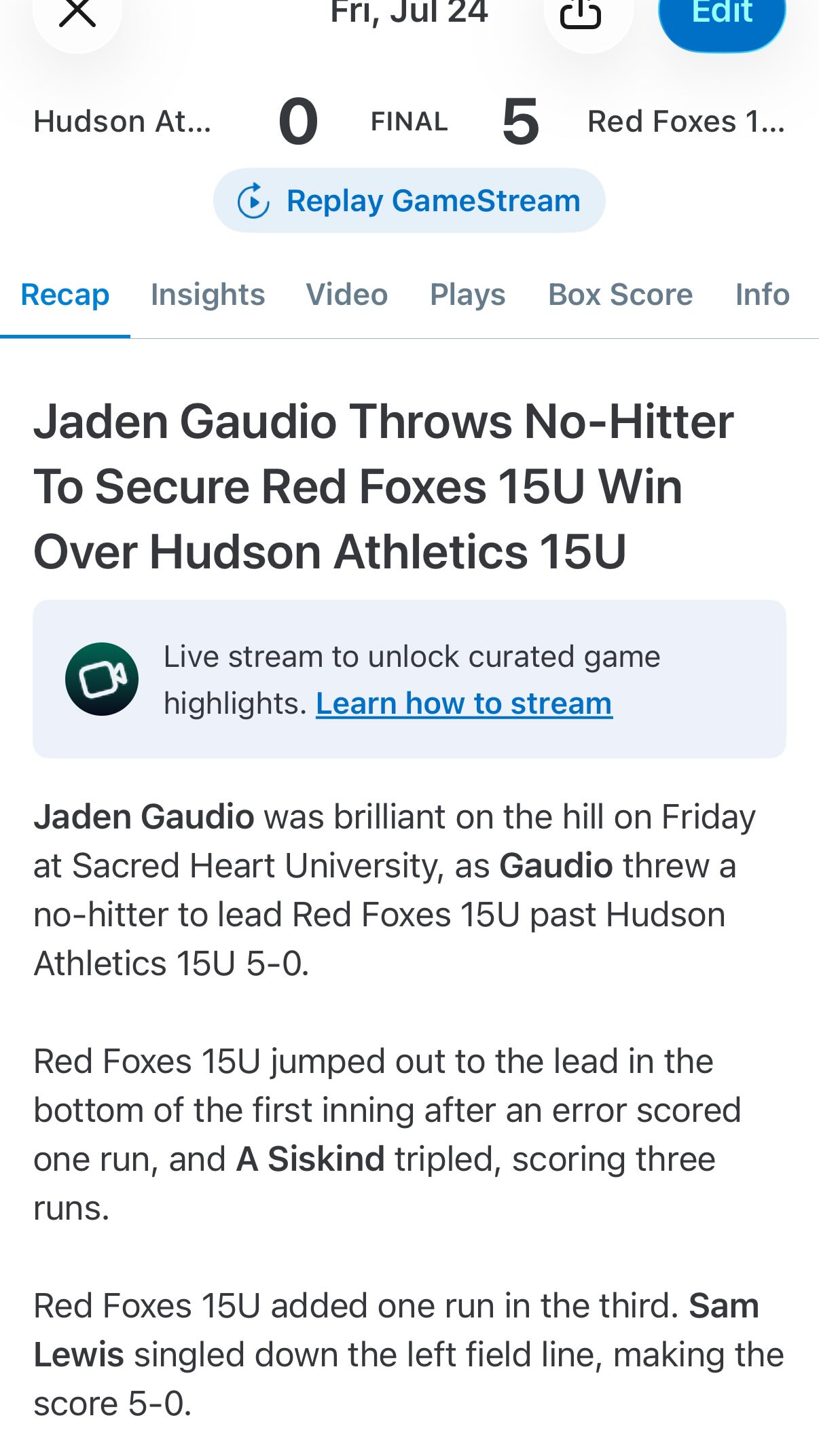 🚨🚨NO HITTER ALERT🚨🚨
Jaden Gaudio goes 7.0IP 0H 0R in 15U’s 5-0 Tournament Win