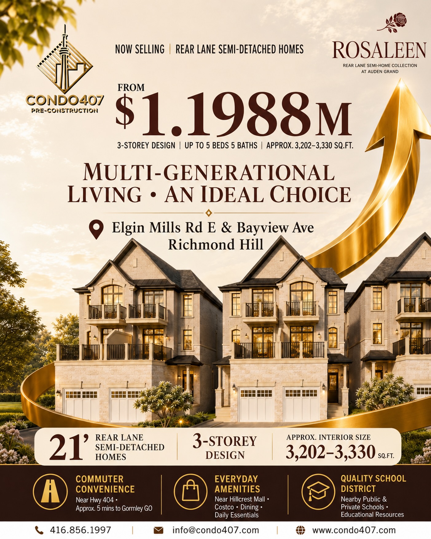🔥 ROSALEEN Now Selling | Rear-Lane Semi-Detached Homes in Richmond Hill
🏡 21’ Rear-Lane Semi-Homes
✨ Three-storey designs with well-defined living spaces
📐 Approximately 3,202–3,330 sq. ft.
💰 Starting from $1,198,800*
📍 Bayview Ave & Elgin Mills Rd E, Richmond Hill
🎁 The first 10 homes may receive approximately $120K in launch incentives*
🔑 Finished basement
🛏 Additional bedroom upgrade
🧾 Two years of POTL fees included
🍽 Kitchen appliance package
❄️ Central air conditioning
💵 Development charges capped at $8,000
💳 10% deposit structure spread over 210 days
📅 Estimated occupancy: Fall 2027
With generous interior space and a flexible three-level layout, these homes offer practical options for multigenerational living, additional bedrooms or a dedicated home office.
Price lists, floor plans and current unit availability are now available.
📩 Contact Condo407 for project details and available units.
Condo407 Pre-Construction
☎️ 416.856.1997
📧 info@condo407.com
🌐 www.condo407.com
#RichmondHillHomes #Rosaleen #SemiDetachedHomes #PreConstructionHomes #Condo407