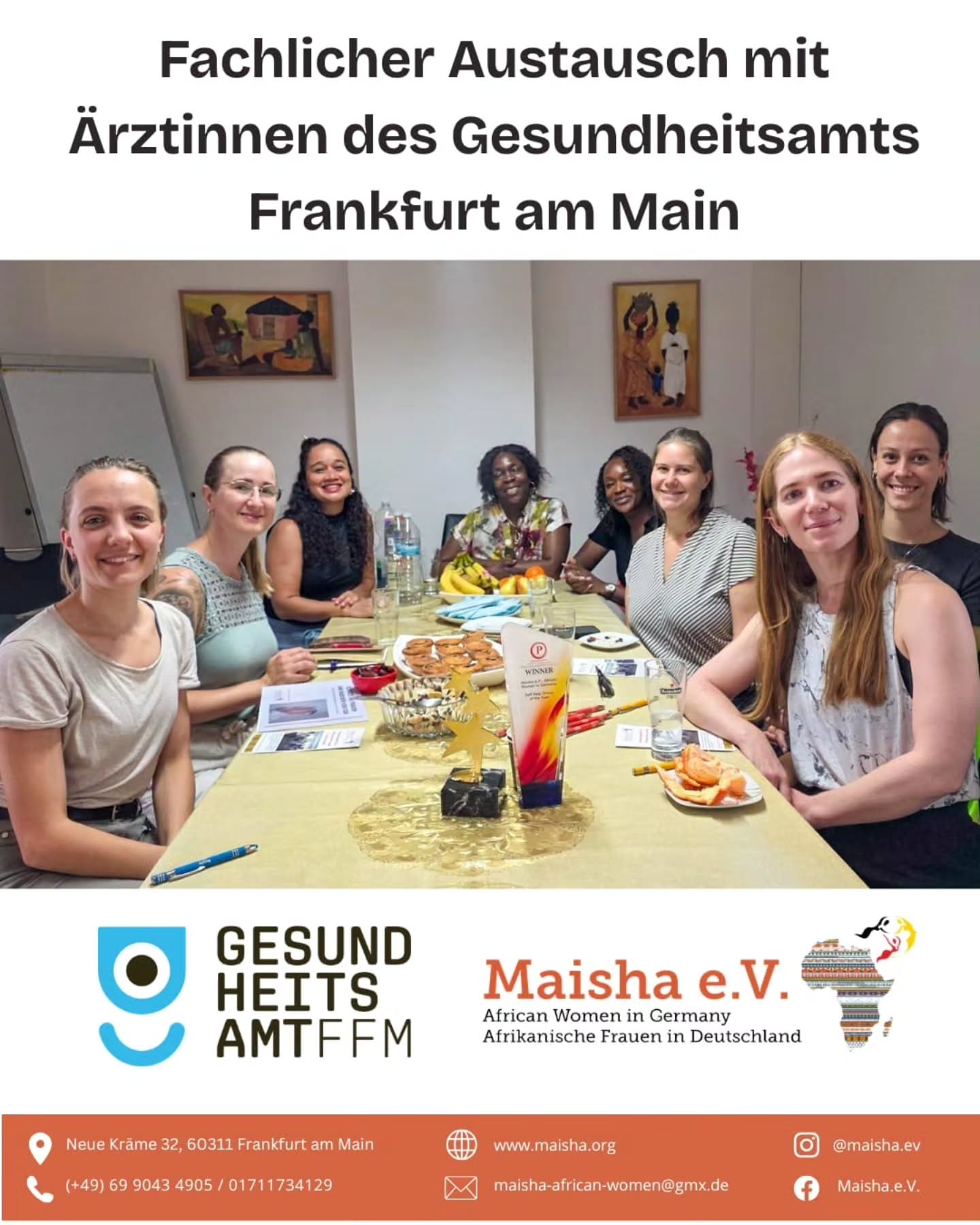 *Fachlicher Austausch mit Ärztinnen des Gesundheitsamtes Frankfurt am Main*
Wir freuen uns über den wertvollen fachlichen Austausch mit den Ärztinnen des Gesundheitsamtes Frankfurt am Main.
Im Mittelpunkt des Treffens standen die Gesundheit von Frauen, die kultursensible Gesundheitsversorgung sowie die Stärkung der Zusammenarbeit zwischen dem Gesundheitsamt Frankfurt am Main und Maisha e. V. im Bereich der humanitären Sprechstunden. Gemeinsam wurde erörtert, wie der Zugang zur Gesundheitsversorgung für besonders schutzbedürftige Menschen weiter verbessert und bestehende Unterstützungsangebote noch besser vernetzt werden können.
Der offene Dialog und der Austausch von Erfahrungen und Perspektiven leisten einen wichtigen Beitrag zur Weiterentwicklung bedarfsgerechter Gesundheitsangebote und zur Förderung einer vertrauensvollen Zusammenarbeit.
Wir bedanken uns herzlich bei den Ärztinnen des Gesundheitsamtes Frankfurt am Main für den konstruktiven Austausch und freuen uns auf die weitere Zusammenarbeit.
Gemeinsam setzen wir uns für mehr Gesundheit, Chancengleichheit und einen besseren Zugang zur medizinischen Versorgung für alle ein.
#MaishaEV #GesundheitsamtFrankfurt #FrankfurtAmMain #HumanitäreSprechstunden #Frauengesundheit
