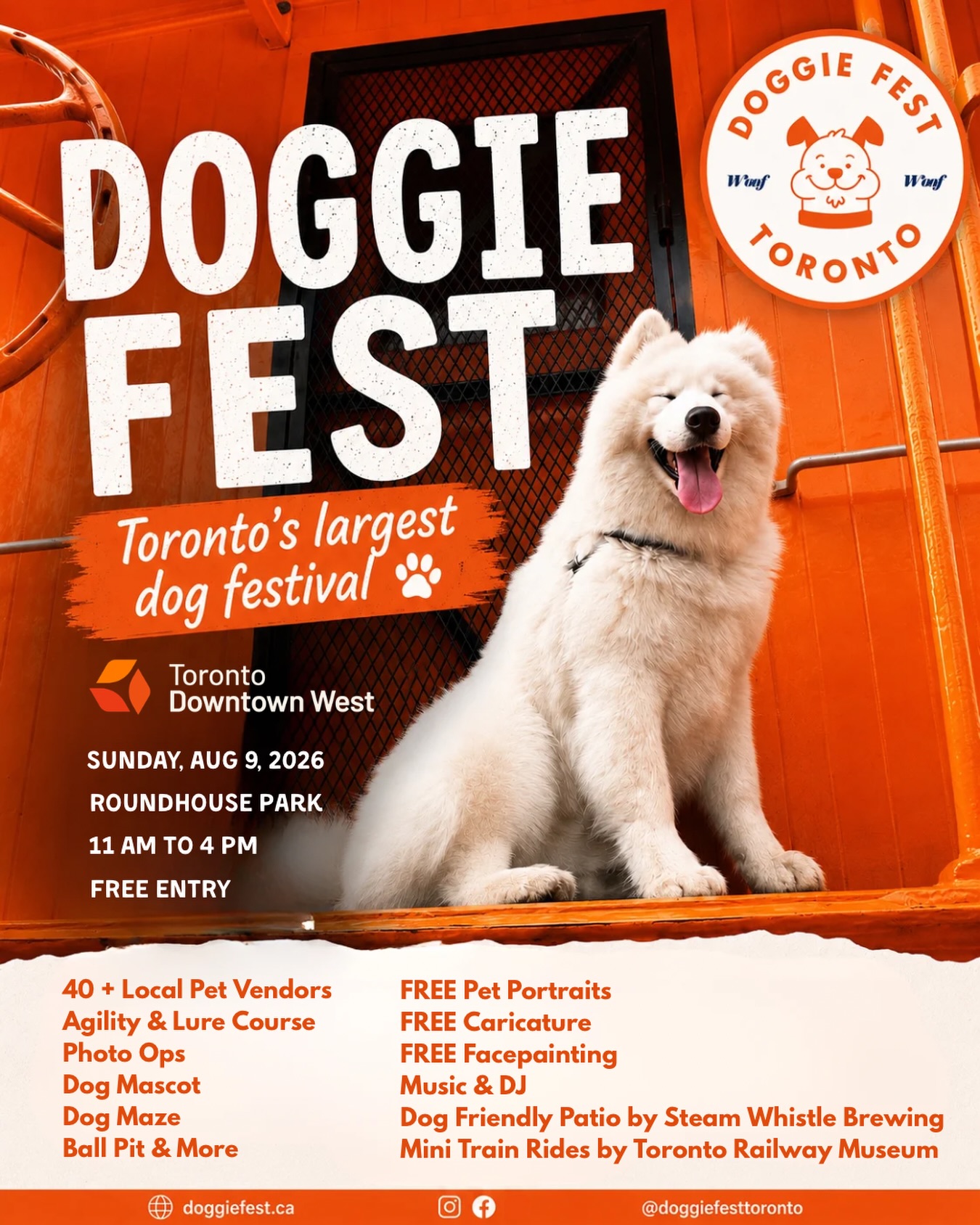Toronto’s largest dog festival is almost here! 🎉 Join us for a day filled with wagging tails, amazing local businesses, and fun for the whole family.
📅 Sunday, August 9, 2026
🕚 11:00 AM – 4:00 PM
📍 Roundhouse Park, 255 Bremner Blvd
🎟️ FREE Admission | Family Friendly
🐶 What to expect:
• 40+ Local Pet Vendors
• Live Music & DJ
• Free Pet Portraits
• Free Caricature & Face Painting
• Photo Ops
• Agility & Lure Course
• Dog Mascots
• Mini Train Rides by @torailwaymuseum
• Dog-Friendly Patio by @steamwhistlebrewing
• Ball Pit & More!
Bring your family, friends, and your four-legged best friend for an unforgettable summer day in the heart of downtown Toronto. 💛
Tag your dog-loving friends and let us know which activity you’re most excited for! 🐕
#DoggieFest #DoggieFestToronto #TorontoDogs #TorontoEvents #ThingsToDoToronto