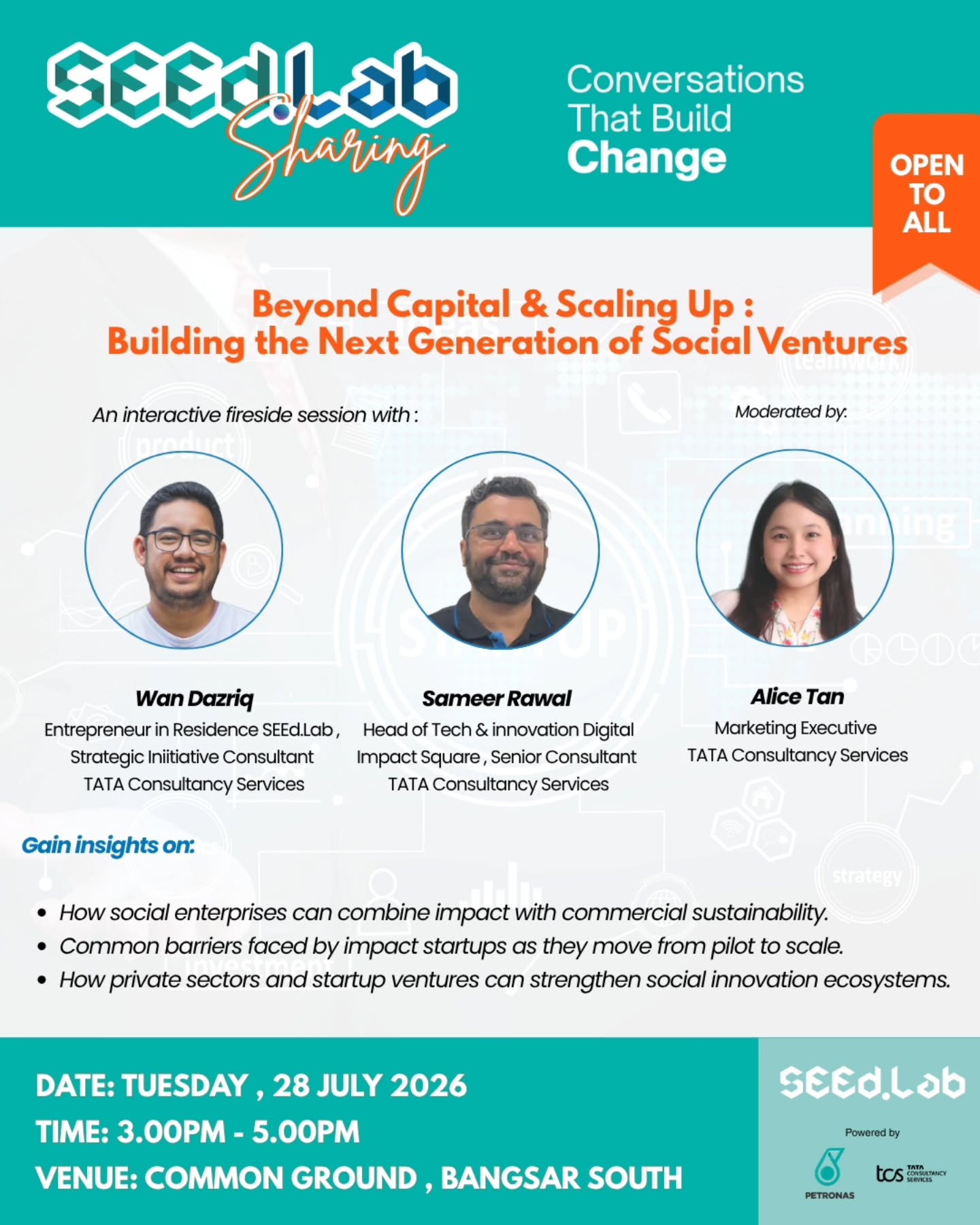 Didn't get the chance to speak with us during SEEd.Lab Open Day? Or left with more questions and would like to continue the conversation?
Join us for SEEd.Lab Sharing: Beyond Capital & Scaling Up โ What Does It Take to Create the Next Generation of Social Ventures? ๐กโจ๐
Hear from SEEd.Lab Shark Sameer Rawal and Entrepreneur-in-Residence Wan Dazriq as they share insights on what it takes to build impact-driven venturesโfrom promising ideas to sustainable, scalable enterprises.
Drawing on lessons from Digital Impact Square (DISQ) in India and SEEd.Lab, the session will explore venture building, innovation, ecosystem partnerships, and the realities of scaling social impact.
๐
28 July (Tuesday)
๐ 3.00 PM โ 5.00 PM
๐ Level 1, Common Ground, Bangsar South
*This event is open to all.
๐๏ธ Register here: https://bit.ly/SLshare28 (link in bio)
Whether you joined us at Open Day or are just getting to know SEEd.Lab, we'd love to have you.
Come for the conversation, stay for the connections, and be part of building solutions that create lasting impact.