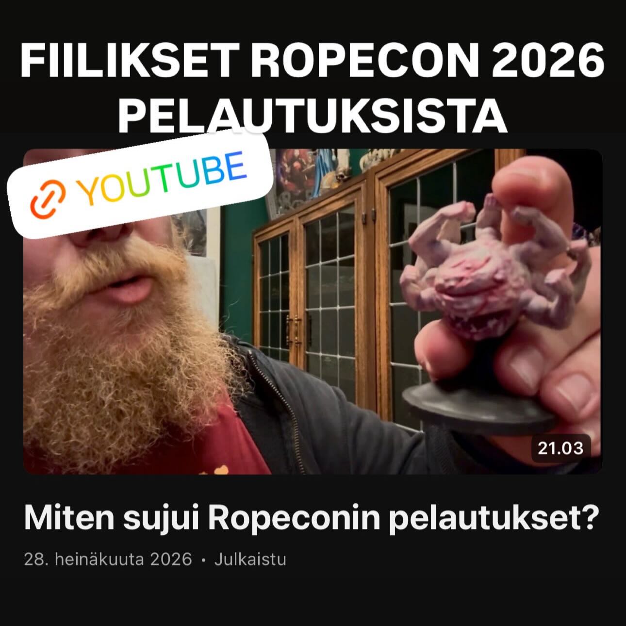 Pasi kertoo Curse of Strahd session preppauksen lomassa fiiliksiä Ropecon 2026 pelautuksista. Videon ”liikkuvan” luonteen vuoksi videolta voi myös nähdä hieman miltä meidän pelitila Tyrmässä @tyrmajoensuu näyttää! Linkki videoon: https://youtu.be/3fYrR-yGICw?is=-Lapzl5iK9Sj_Gv6