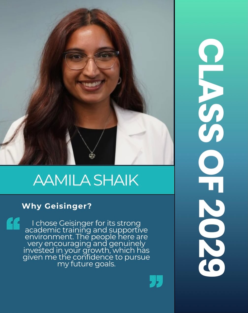 Say 👋 to our class of 2029. Next up, Dr. Aamila Shaik!