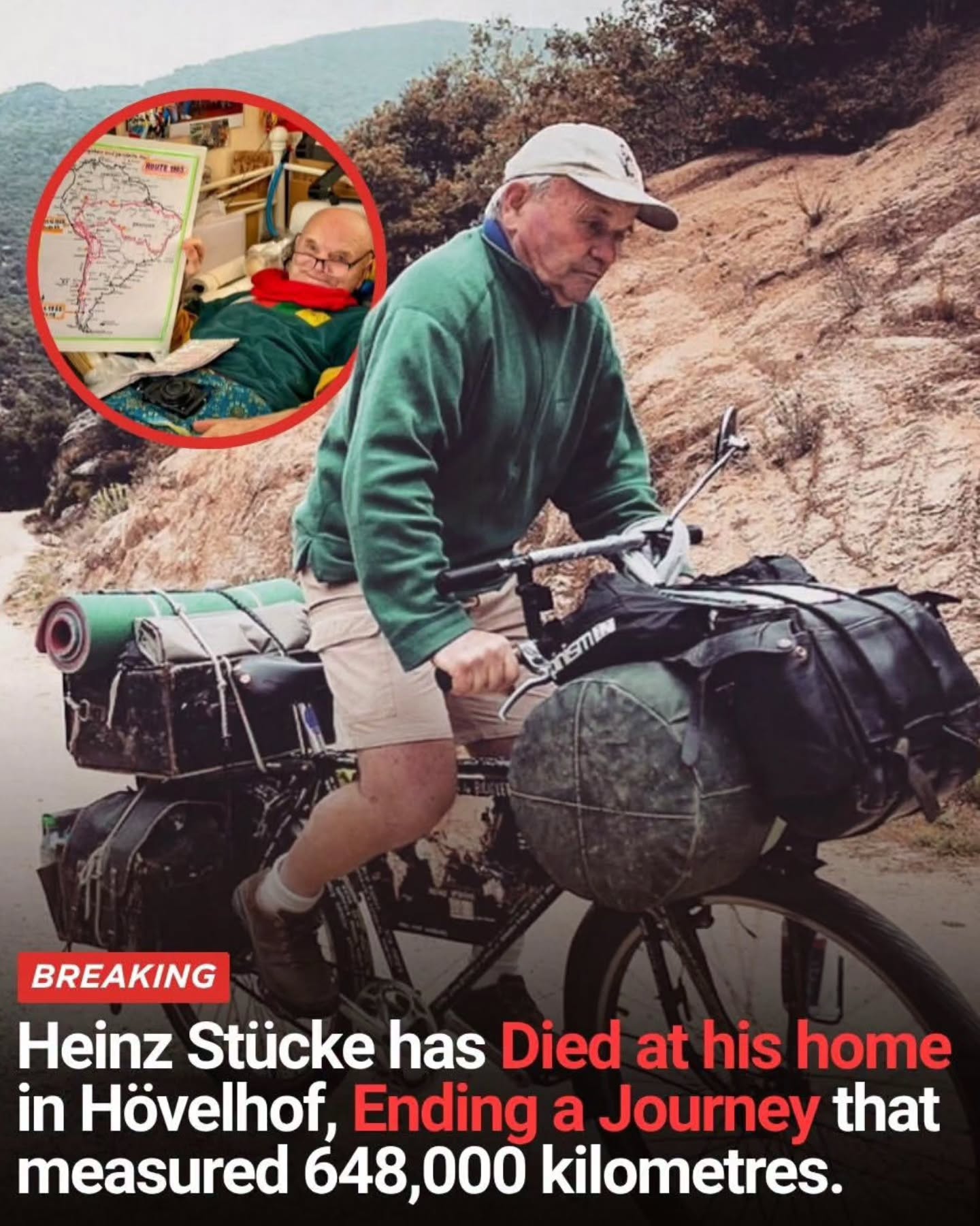 Heinz Stücke has died at his home in Hövelhof, the German town he left in November 1962 and returned to only after fifty years on the road. He was 86.
Stücke set out at 22 with a three-speed bicycle, roughly $300 in his pocket, and no particular route. He came back having ridden more than 648,000 kilometres across 196 countries and 86 territories. He believed he had visited every country on Earth when he reached the Seychelles in 1996. He kept going for another sixteen years anyway, because the arrival, when it finally came, had felt smaller than the road.
He funded the journey by selling photocopied booklets of his own photographs at post offices in Cape Town, Buenos Aires, Tokyo and Sydney. He wrote for German newspapers. He shot the 1970 World Cup in Mexico. He survived a truck collision in the Atacama, a shooting in Zambia, and an assault outside Cape Town that broke his teeth. Both of his parents died while he was somewhere else.
In his last years he was bedridden in the house at Hövelhof, surrounded by maps, letters and the marked-up flag board he carried through every border crossing. Visitors said he still spoke about the road as though he were on it.
He was the working-class kid who turned a factory-town restlessness into the longest continuous bicycle journey ever recorded. The map was his home.
21-Gun salute to this man!
📷 Heinz Stücke
#cyclistlife #heinzstücke #inspiration #cyclinglife #HimalayanTerra
