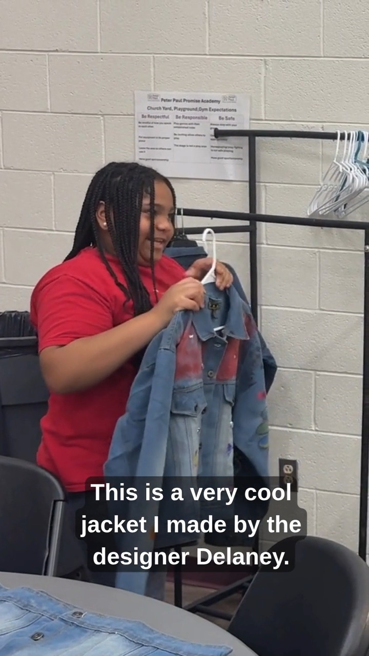 Campers in 4th and 5th grade practice making sales pitches, marketing their hand painted jackets for the Peter Paul Pop-Up Shop this week.