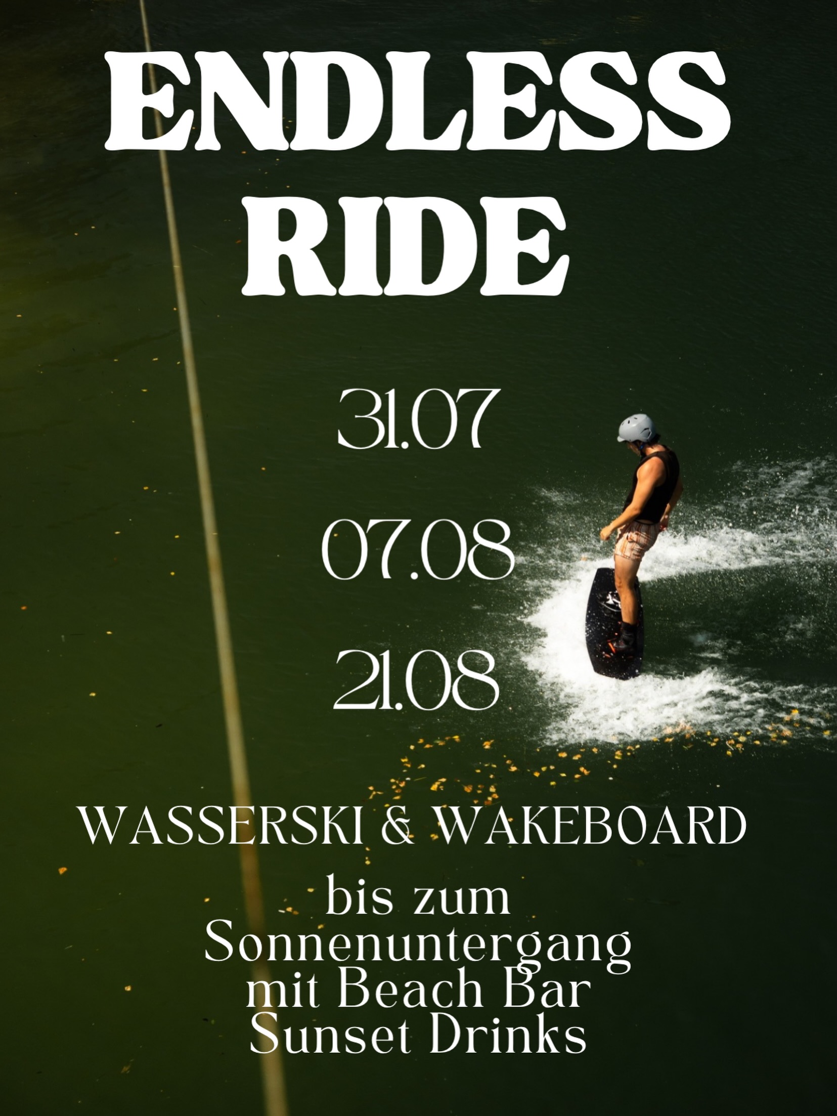 ENDLESS RIDE
Die erste Endless Ride Session kam so gut bei euch an, dass wir direkt drei neue Termine für euch geplant haben!
Freut euch auf lange Sommerabende, beste Stimmung und Wasserski & Wakeboarden bis zum Sonnenuntergang. 🌅
An einigen Terminen haben wir außerdem besondere Specials für euch geplant – also bleibt gespannt und folgt uns, damit ihr nichts verpasst!
🎉 Los geht’s schon diesen Freitag, 31.07.!
Zum letzten Schultag in Bayern schenken wir euch 10 % Rabatt auf alle Tagestickets. Perfekt, um die Ferien mit einer Sunset-Session auf dem Wasser zu starten! 🙌
Wir freuen uns auf einen unvergesslichen Abend mit euch!
#EndlessRide #Wetsports #SunsetSession #Wasserski #Wakeboard