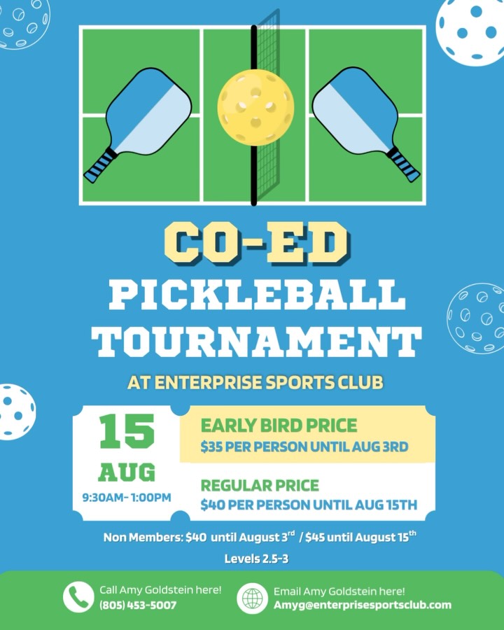 We are hosting another Pickleball Tournament on Saturday, August 15th, from 9:30AM-1:00PM!
Interested in playing? Reach out to Amy Goldstein to register or learn more!
š(805)453-5007
šAmyg@enterprisesportsclub.com
ā¢
ā¢
ā¢
#santacruz #scottsvalley #pickleball #pickleballtournament #pickleballislifeš