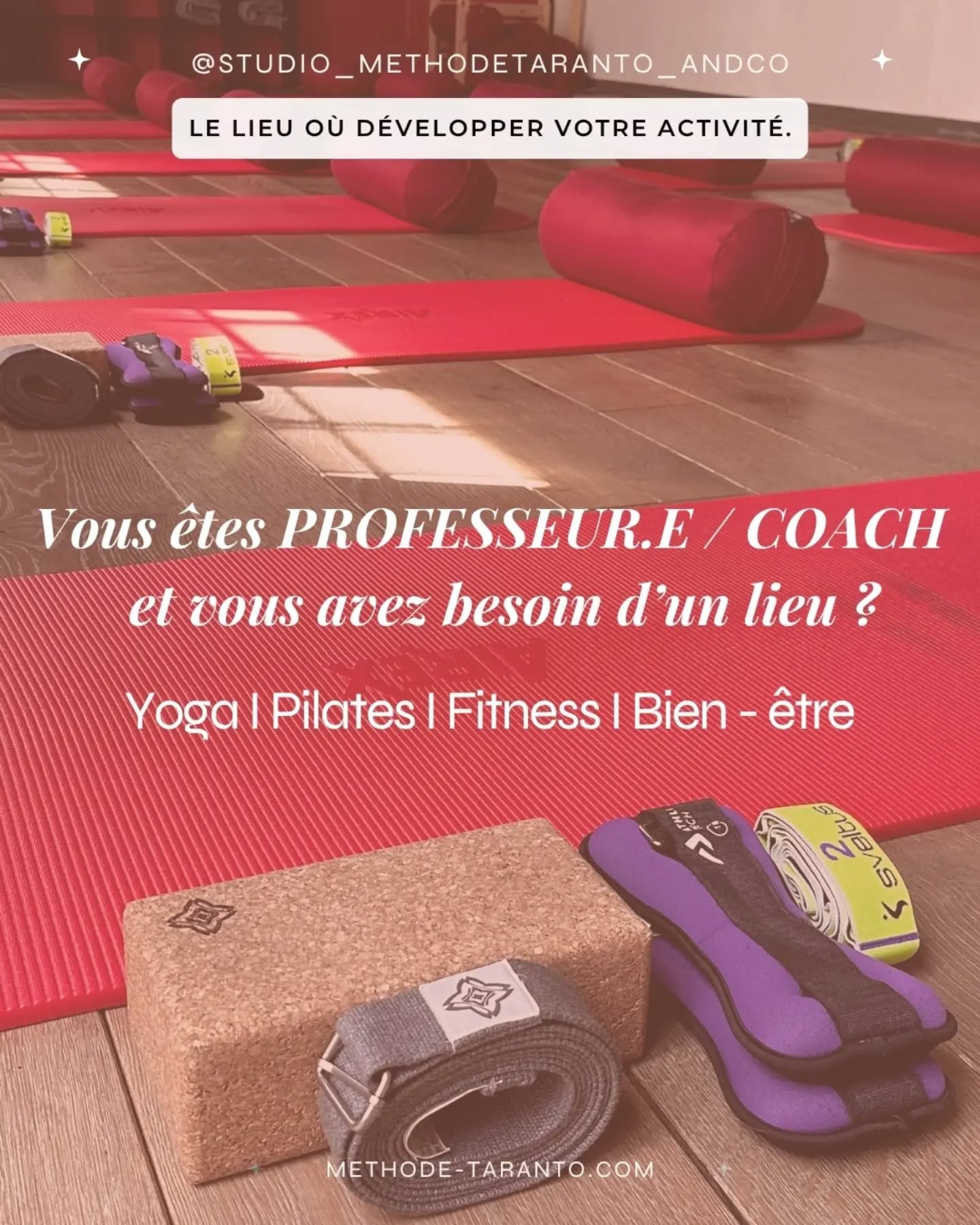 Le Studio Méthode Taranto & Co propose désormais 3 formats de location adaptés à vos besoins.
▫️ Cours hebdomadaires
Créneaux disponibles pour la saison septembre à juillet, sous contrat.
▫️Réservations ponctuelles
Créneaux disponibles pour vos Stages, ateliers & formations de la saison à venir.
▫️ NOUVEAU • Offre Studio Privé
À partir de 25 € TTC / heure, du lundi au vendredi, pour vos cours, coachings, accompagnements individuels, shootings photo, tournages vidéo, créations de contenu, podcasts et interviews.
📩 Pour toute demande, envoyez un e-mail à methodetarantoandcostudio@gmail.com.
Vous recevrez automatiquement toutes les informations utiles (modalités de réservation, CGV et liens).
Le bureau du studio est actuellement fermé pour la pause estivale. Toutes les demandes recevront une réponse sans faute à partir du 26 août.
Au plaisir de collaborer au sein du Studio Méthode Taranto & Co ✨️
Céline
www.methode-taranto.com
