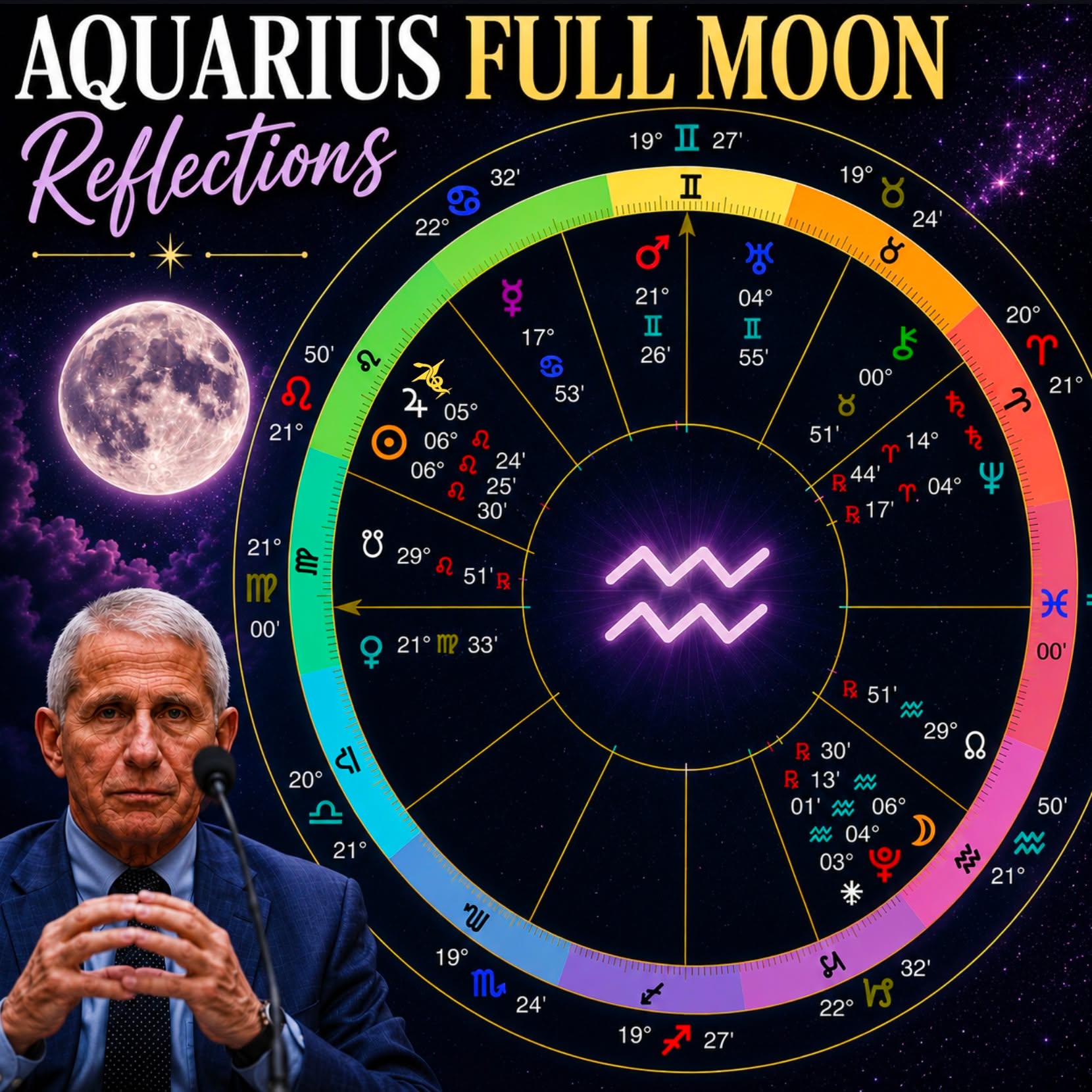FULL MOON REFLECTIONS 😮
How interesting to watch the recent developments surrounding Dr. Fauci unfolding under this Aquarius Full Moon!
What a graphic reflection of the current sky!
During a highly publicized U.S. Senate hearing, Fauci invoked his Fifth Amendment right and declined to answer questions related to the government's handling of the COVID-19 pandemic and its origins.
The Sun conjuncting Jupiter in Leo shines a big spotlight on leaders, authority figures and people in positions of influence. Hygeia, the asteroid connected to health, medicine and in this case, public health, is also strongly activated, making health related topics a major theme in this Full Moon.
Across the sky, Pluto in Aquarius brings up its favorite themes: secrets, hidden information, power dynamics and what has been kept beneath the surface.
Full Moons illuminate and reveal and Pluto tends to ask: what still hasn't been fully seen??? What's looming in the shadows?
This Jupiter - Pluto Rx opposition can also stir up old arguments, different versions of the truth, arguments and debates that never really went away. It's the kind of energy that brings unfinished stories back into the spotlight and gets everyone talking again.
We first experienced the Jupiter Pluto conjunction in 2020, marking the beginning of this cycle. This is the first opposition since that conjunction, making it a significant turning point
I kept seeing posts calling this the "luckiest day of the year" because of the Sun-Jupiter conjunction. And sure... maybe for some people! 😄 But with Pluto directly opposing them, this wasn't just about luck, but can also bring intensity, exposure, controversy and collective conversations that aren't easily resolved.
How did you experience this Full Moon? I'd love to hear what came up for you 🌕✨