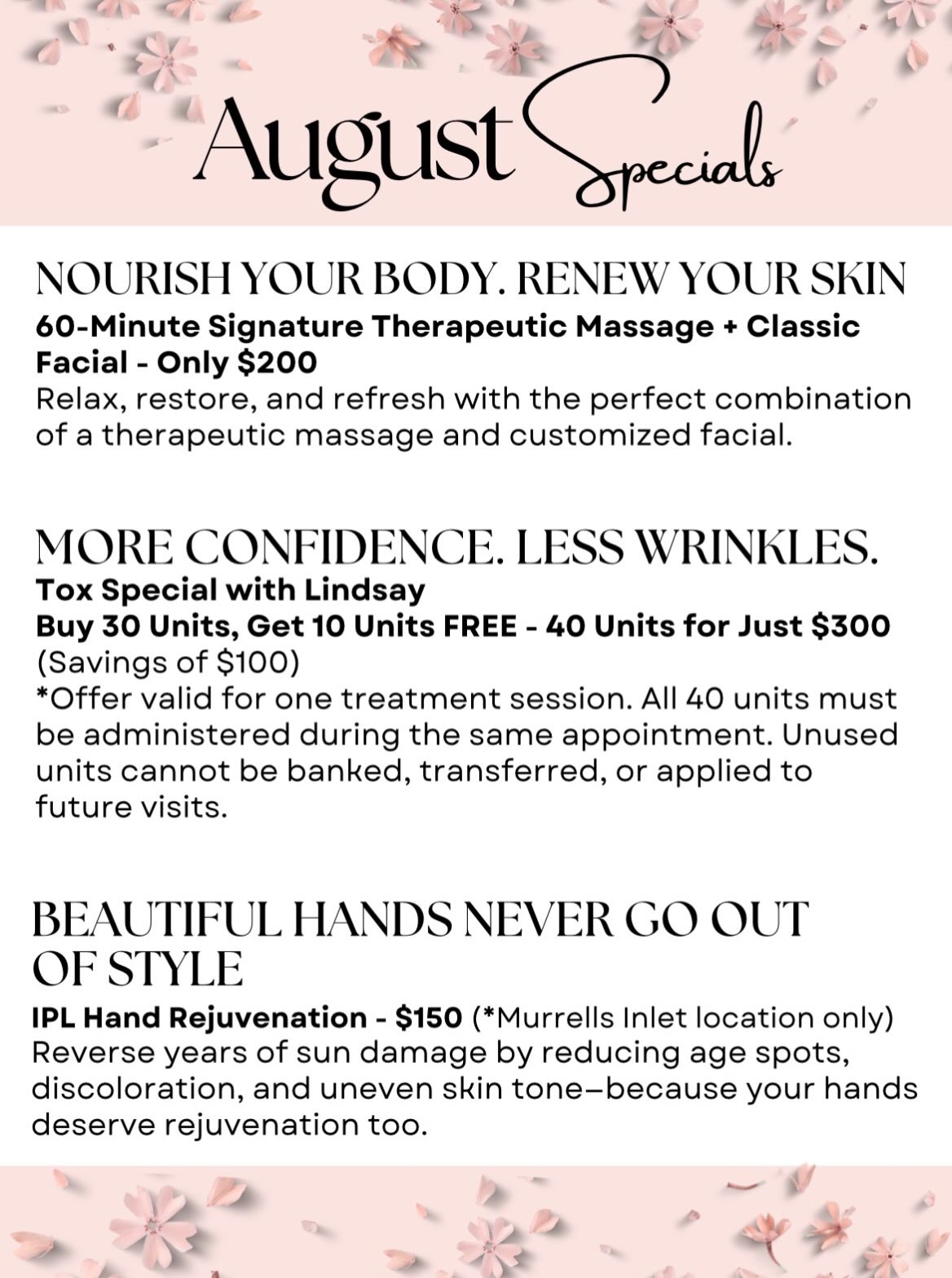 🌟August Specials Have Arrived at Pure Aesthetics🌟Refresh your routine and indulge in treatments designed to help you look and feel your very best! Call or book online to reserve your appointment today. Experience luxury. ✨Experience results. ✨ Experience Pure Aesthetics ✨. #pureaesthetics #medspalife #northmyrtlebeach #murrellsinlet #augustspecial