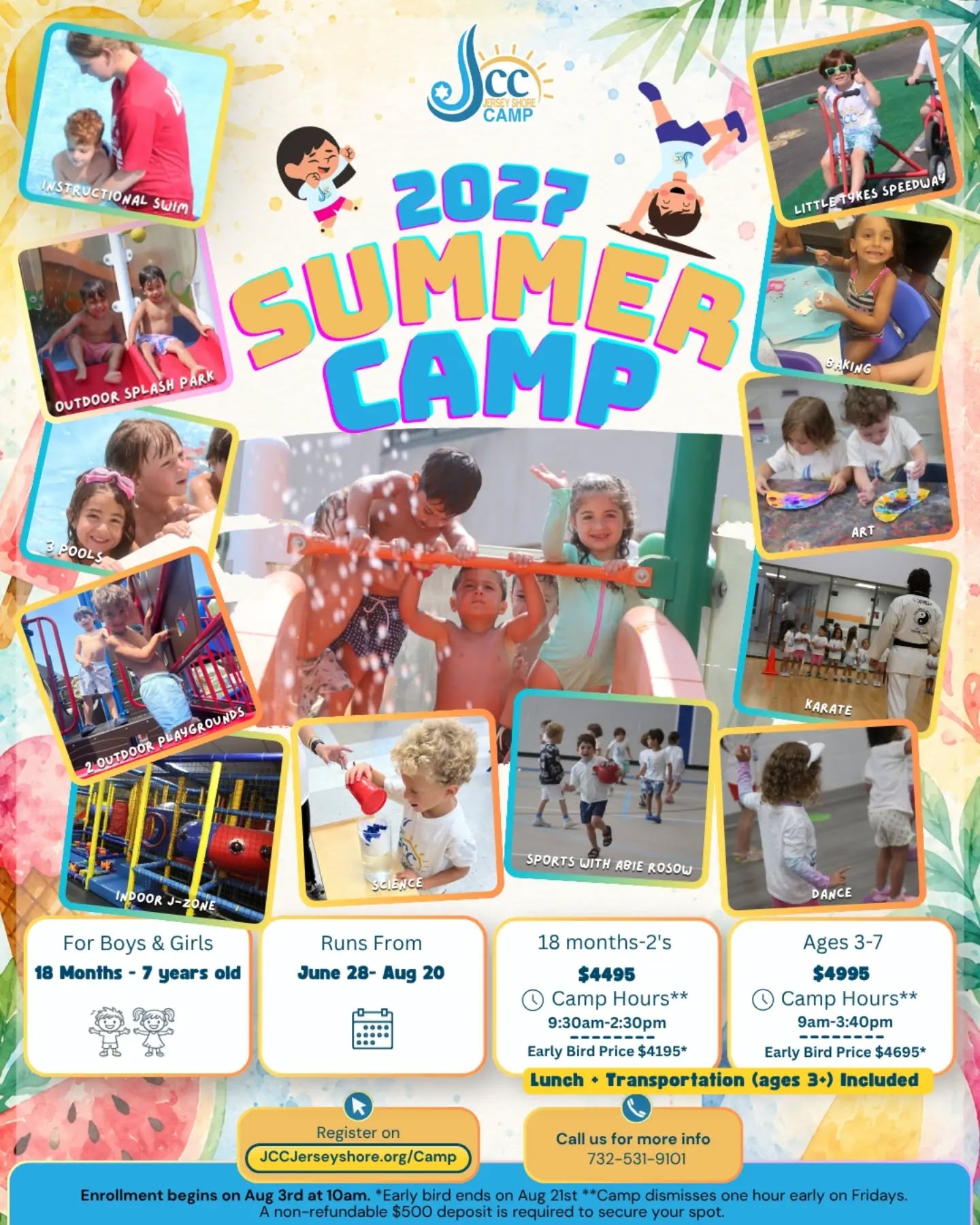 Mark your calendars! Registration opens Monday, August 3 at 10:00 AM. ⏰
Summer 2027 is going to be our biggest and best yet.
At Jersey Shore Camp, every day is packed with exciting activities, including:
💦 Swimming & Splash Park
🛝 Outdoor Playgrounds
🏎️ Little Tykes Speedway
🎨 Arts & Crafts
🥼 Science Experiments
🥋 Karate
⚽ Sports
💃 Dance
🍪 Baking
🛝 Indoor J-Zone
Designed for children 18 months through 7 years old, with age-appropriate programming in a warm, caring environment.
Camp Dates: June 28 – August 20, 2027
✅ Lunch included
✅ Transportation included for ages 3+
Set your alarms- registration opens Monday, August 3 at 10:00 AM. Spots fill quickly each year.
Learn more and register:
JCCJerseyShore.org/Camp