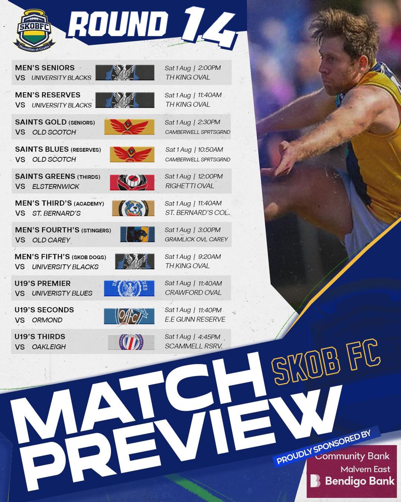 Round 14 fixture! Get down and support!
Proudly sponsored by @communitybankmalverneast
#goSKOB๐๐๐