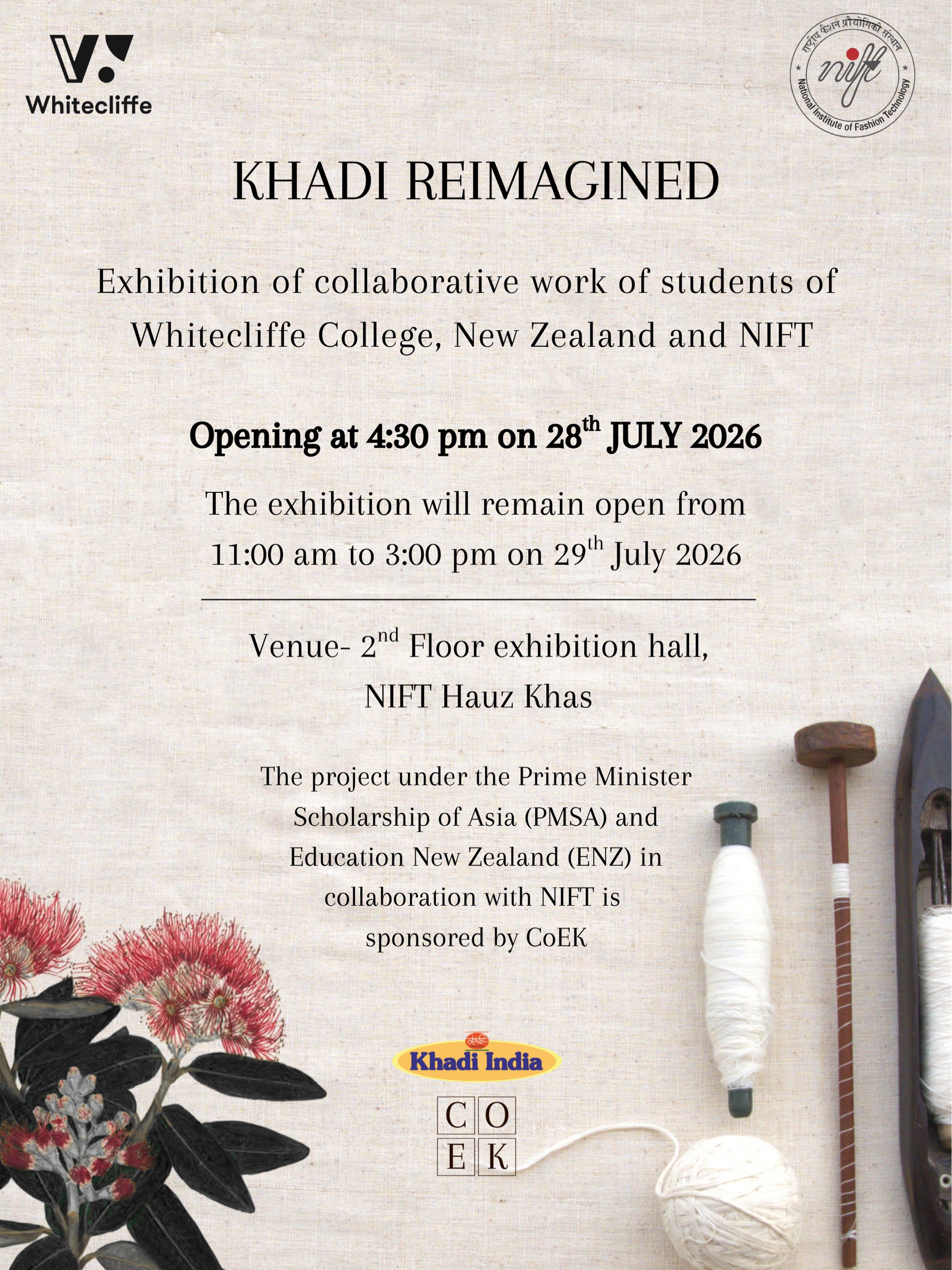 A showcase of a collaborative project titled ‘Khadi Reimagined’ is being held at NIFT, New Delhi on 28 th and 29 th July #2026. 10 students of Whitecliffe College, New Zealand and 20 NIFT students selected across different NIFT campuses have worked together to produce collections aimed at fostering academic and cultural ties between our two nations while honouring the value of Khadi as a symbol of India’s freedom struggle.
The students from Whitecliffe College are recipients of the Prime Minister’s Scholarship for Asia (PMSA) and have been travelling across various craft clusters under NIFT’s ‘India Immersive Experience’.
The project has been sponsored by the CoEK.
@whitecliffe_life @whitecliffe_sustainablefashion @n.i.f.t @nift.newdelhi @harita_kapur
(Fashion, collaboration,international students, design, exhibition, Delhi, fashion )