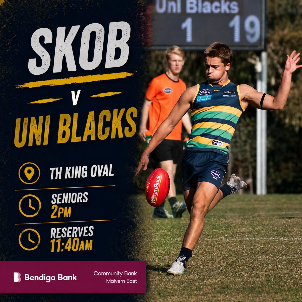 SKOB is back at TH King today, taking on the Blacks and needing a win to stay in touch with the top 2!
Get down and support!
Proudly sponsored by @communitybankmalverneast
#goSKOB๐๐๐