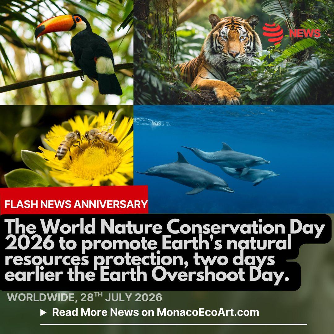 @mo.eco_art MonacoEcoArt.com #flash #news #monaco #world #nature #conservation #day 🌐🐾🐝 On July the 28th of every year we celebrate the World Nature Conservation Day to raise #awareness about protecting the Earth's natural resources, halting #biodiversity loss, and promoting #sustainable living: this celebration, officially launched worldwide in 1998, grew over time through the work of #international #groups, #schools, and green #organisations like the International Union for Conservation of Nature (IUCN) to promote Earth care 🌎🌍🌏 Water, air, fertile soil, and fossil fuels are limited and increasingly depleted under heavy human consumption, thus over 44,000 plant and animal species face extinction due to habitat destruction and climate #change, jeopardising the #health of global ecosystems 🔆♻️🌳To counter this trend, #actions are at our fingertips in our daily lives, notably: reducing plastic use: switching to #reusable bags, #bottles, and containers to cut down on #ocean and land pollution; saving energy and water: turning off unused lights and shorten shower times to lower #resource waste; planting and taking care of trees: supporting local #green spaces or plant #trees to restore soil health and absorb #carbon dioxide 🌡️🪫Not by chance, the Earth Overshoot Day 2026 falls today (30th July 2026), marking the exact date when humanity's resource #consumption for the year exceeds the Earth's #capacity to regenerate those resources: in the early 1970s, resource use aligned closely with Earth's capacity, landing the date in late December, but decades of increased consumption have steadily pulled the threshold forward up to July in recent years 📸 - Layout and Contents by: © MonacoEcoArt.com - @iucn_official @iucn_europe #earthshootday