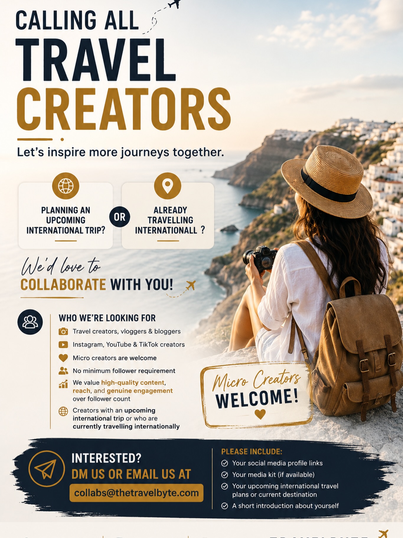 Calling All Travel Creators!
Do you have an upcoming international trip or are you already exploring the world? ✈️ Travel Byte is looking to collaborate with passionate travel creators who inspire people to discover new destinations while staying connected with seamless eSIM technology.
At Travel Byte, we’re looking beyond follower count. Whether you’re a micro creator or an established travel storyteller, what matters most is authentic content, strong reach, and genuine engagement.
📩 Interested? Send us a DM or email us at collabs@thetravelbyte.com with:
* Your social media profile links
* Your media kit (if available)
* Your upcoming international travel plans or current destination
* A short introduction about yourself
Let’s create inspiring travel content together and help travelers stay connected in 100+ countries with Travel Byte eSIM.
🌐 thetravelbyte.com
💬 Know a travel creator who’d be a great fit? Tag them below or share this post!
#collabs #collaboration #travelcreators #influencer #travelinfluencers