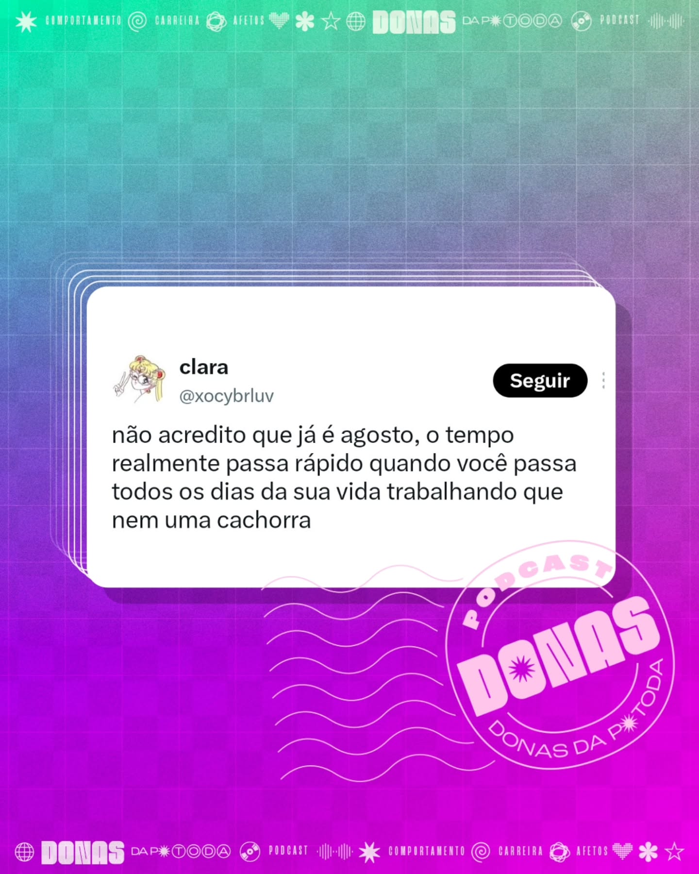 Segunda-feira, 3 de agosto de 2026. Prontas para mais uma semana e mais uma curadoria de tweets?
Nesta terça, tem episódio novo no ar. Aproveita para seguir o Donas e avaliar com 5 estrelas no Spotify e na Apple Podcasts.
Contribua com a nossa campanha de financiamento coletivo em apoia.se/donasdaptoda e receba conteúdos exclusivos, brindes e muito mais
#donasdaptoda #podcasts #mulherespodcasters