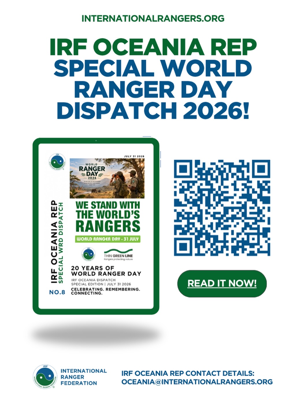 🌏 IRF Oceania Dispatch #8 is now live!
To mark 20 years of World Ranger Day, we’ve released a special edition of the IRF Oceania Dispatch celebrating the people, partnerships and stories that continue to strengthen our region.
Inside you’ll find:
🌿 World Ranger Day celebrations from across Oceania
🕊️ Remembering our fallen rangers
🎬 Guardians of Hope streaming launch
🌏 World Ranger Congress 2027 update
🤝 Regional collaboration and upcoming gatherings
🎓 Professional development opportunities
👩🌾 World Female Ranger Week highlights
📣 Updates from across the International Ranger Federation
A huge thank you to everyone who contributed stories, photographs and updates. Every edition helps showcase the incredible work being undertaken by rangers across our region.
📖 Read the Dispatch here:
IRF Oceania Dispatch #8 – Special World Ranger Day Edition
#WorldRangerDay2026 #Rangers #Oceania Conservation ProtectedAreas ThinGreenLine InternationalRangerFederation GuardiansOfHope WorldFemaleRangerWeek WorldRangerCongress