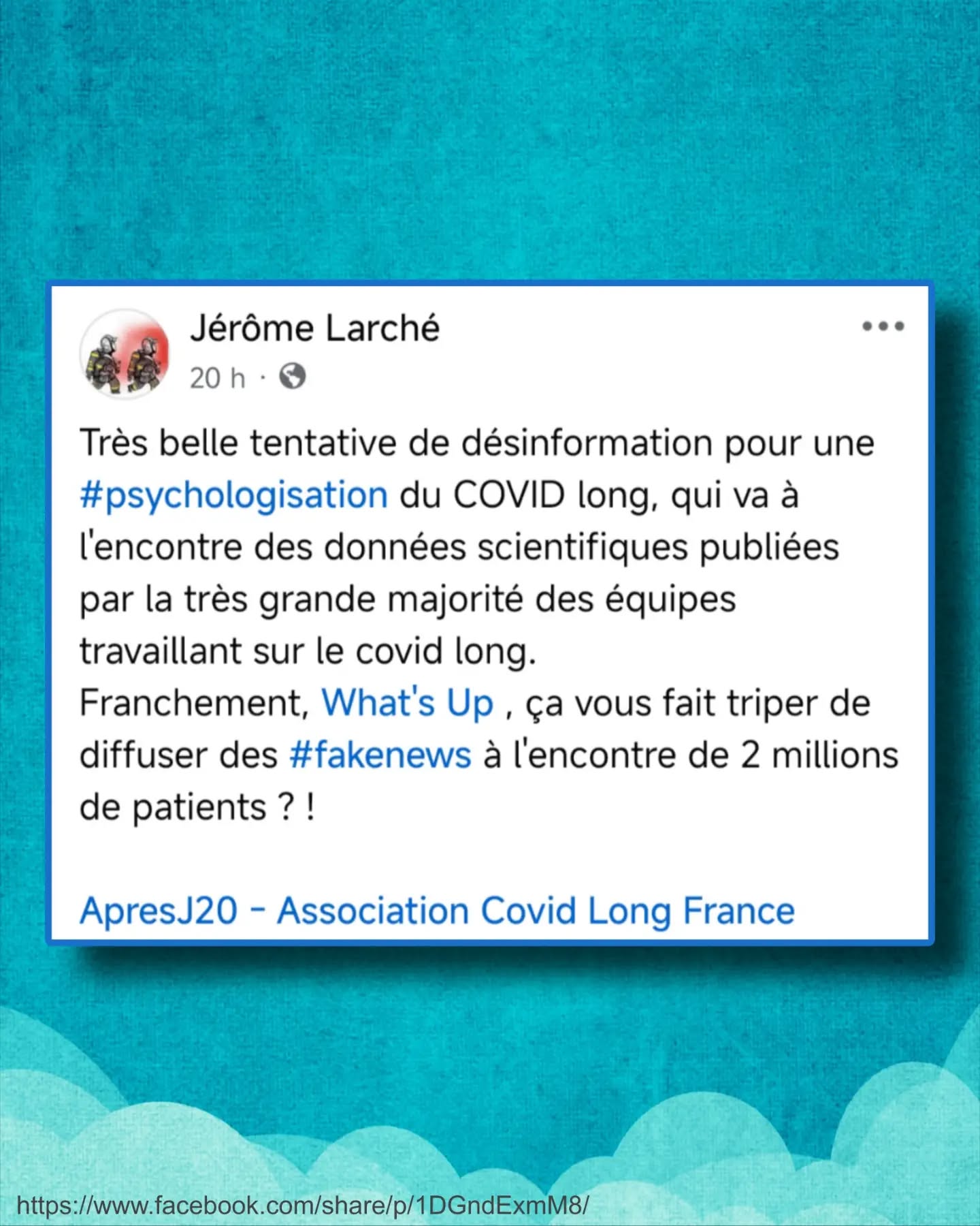 Merci Dr Jérôme Larché pour cette prise de position claire face à la désinformation sur le #CovidLong.
Lorsque des informations inexactes contribuent à psychologiser une maladie dont les mécanismes biologiques sont aujourd'hui largement documentés et qui fait l'objet d'un consensus scientifique international, elles alimentent les préjugés, retardent les diagnostics et peuvent compromettre l'accès aux soins de millions de patients.
La désinformation en santé n'est jamais anodine : elle a des conséquences bien réelles et délétères sur la vie des personnes malades.
Merci à toutes celles et tous ceux qui continuent à défendre une information fondée sur les données scientifiques et à lutter contre le gaslighting médical.
#Apresj20 #LongCovid #Désinformation #Science Santé @whatsupdoc_mag
https://www.facebook.com/share/p/1DGndExmM8/