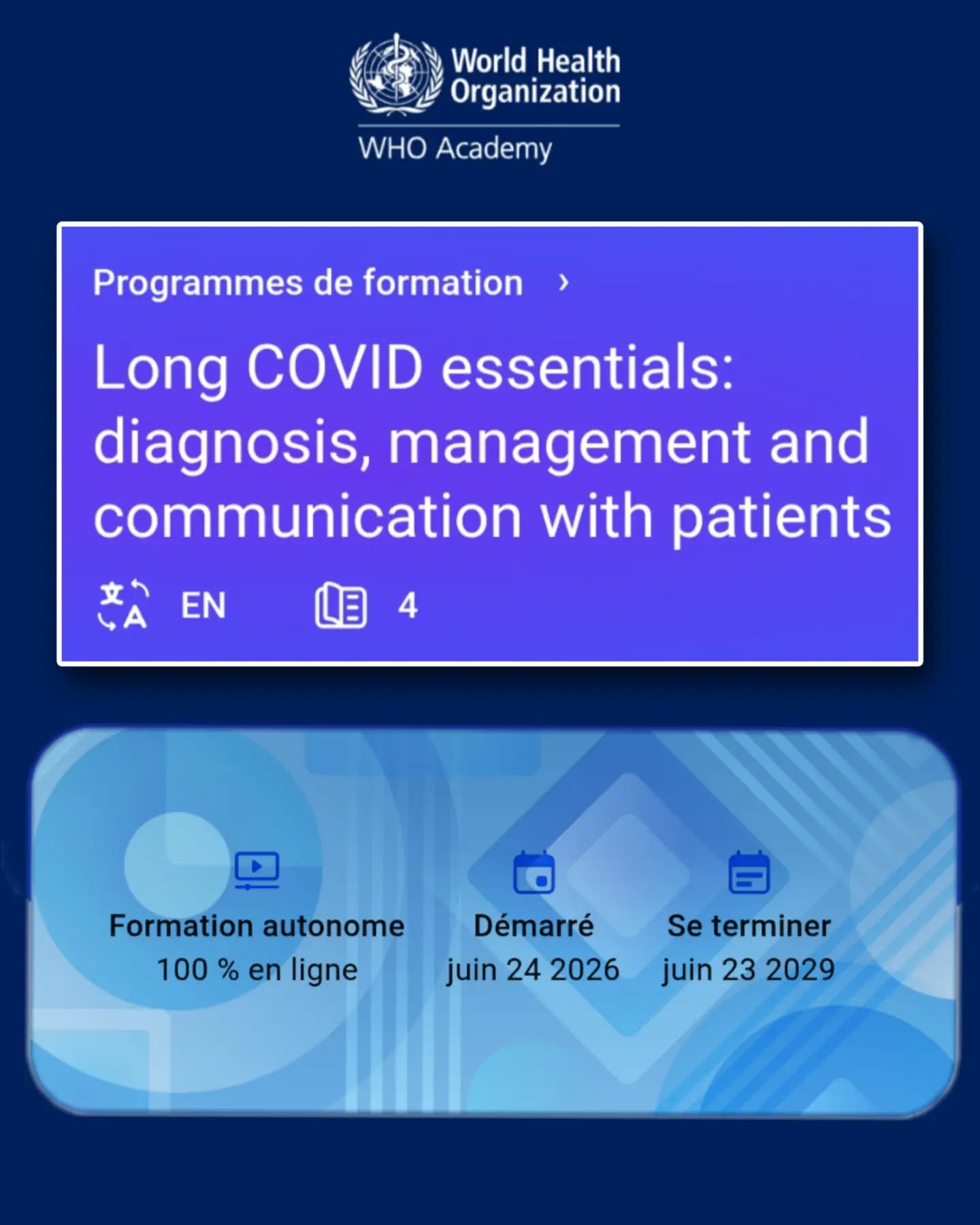 🚀 Nouvelle étape majeure dans la prise en charge du Covid Long : l’Académie de l’ @who Academy lance sa formation en ligne destinée aux soignants de 1er recours !
Intitulée « #LongCovid essentials: diagnostic, management and communication with patients », cette formation en auto-apprentissage (actuellement disponible en anglais) marque un tournant pour la sensibilisation des professionnels de santé à grande échelle.
🌍Elle est le fruit d’une coopération inédite et fructueuse entre @whoeurope , la @uefrance (projet "Supporting Long COVID patients: insights and action") et l’ @the_oecd -OCDE, en lien avec de nombreux spécialistes européens (dont le Pr. Dominique Salmon et le Dr. @jerome.larche.7 ) et des associations de patients (@apresj20_covidlong , @assoc_covidlongenfants , @longcovidbelgium , @long_covid_schweiz ).
💡 2026 : Trois avancées clés pour faire bouger les lignes
Cette formation s'inscrit dans une dynamique européenne globale portée depuis le début de l'année :
➡️De janvier à mars, une campagne d’information lancée par l’OMS Europe WHO Regional Office for Europe en janvier, qu’#ApresJ20 a aidé à traduire en français et vous a mis en format PDF pour un partage facilité/ urlr.me/PvHSHD
➡️Le rapport de l’OECD-OCDE en avril, qui chiffre les coûts économiques et sociaux massifs du #CovidLong à l’échelle des états-membres Full Report: Addressing the Costs and Care for Long COVID | OECD
➡️Et désormais le lancement d’une formation destinée aux personnels de 1er recours (médecins traitants, infirmiers, etc.) en version anglaise pour le moment et en auto-formation.
urlr.me/rvxDxz
💬 Aidez-nous à relayer cette ressource auprès des médecins traitants, infirmiers et professionnels de santé de votre réseau !
⏬Suite en commentaire
#ApresJ20 #LongCovid OECD OCDE WHO @sante_gouv @stephanie.rist @ceser_hdf