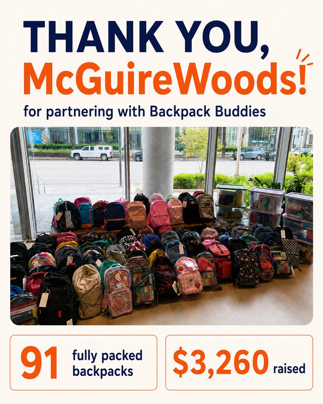 We are so grateful to McGuireWoods LLP for choosing Backpack Buddies as their summer fundraiser partner!!! 🎒🧡
Their team collected 91 FULLY PACKED backpacks, donated NINE full bins of additional school supplies, and raised an incredible $3,260 to help students across Virginia start the school year prepared!
We were also honored they invited our founder, Lucia Hoerr, to speak at the fundraiser kickoff and share the story of Backpack Buddies with the McGuireWoods team.
A special thank you to Quima Taylor for organizing the fundraiser, working so hard to get people excited about donating, and helping transport the donations to Charlottesville.
Thank you to everyone at McGuireWoods who donated, packed backpacks, and helped make this possible! 💙
#BackpackBuddies #McGuireWoods #McGuireWoodsLLP #BackToSchool #VirginiaNonprofit