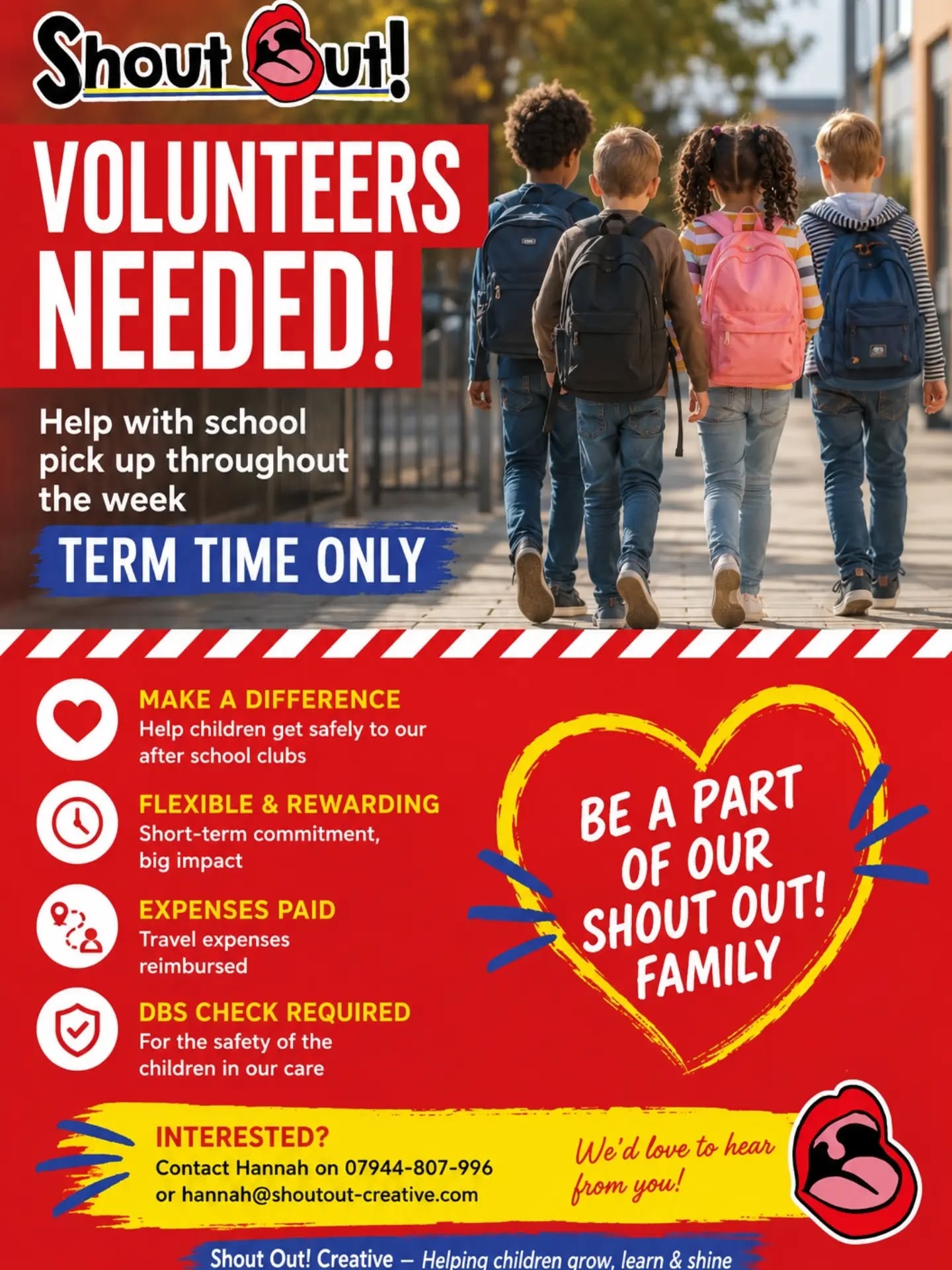 π Could you spare an hour to make a child's day? π
We're looking for friendly, reliable volunteers to help with school pick-ups and walk children safely back to our after-school clubs.
π Term time only
3:15pmβ4:15pm
β¨ Travel expenses paid
β¨ Enhanced DBS required (we can help arrange this if needed)
β¨ A brilliant way to support local children and become part of an amazing team
Do you have your own child(ren)?
π Speak to us β we may be able to make it work! We're also happy to offer discounted places at our clubs for your own children.
If you enjoy working with children and would love to give something back to your local community, we'd love to hear from you.
π© Send us a Facebook message, email hannah@shoutout-creative.com, or call 07944 807996 for more information.
Please like, share or tag someone who might be interested β your share could help us find the perfect volunteer! ππβ€οΈ