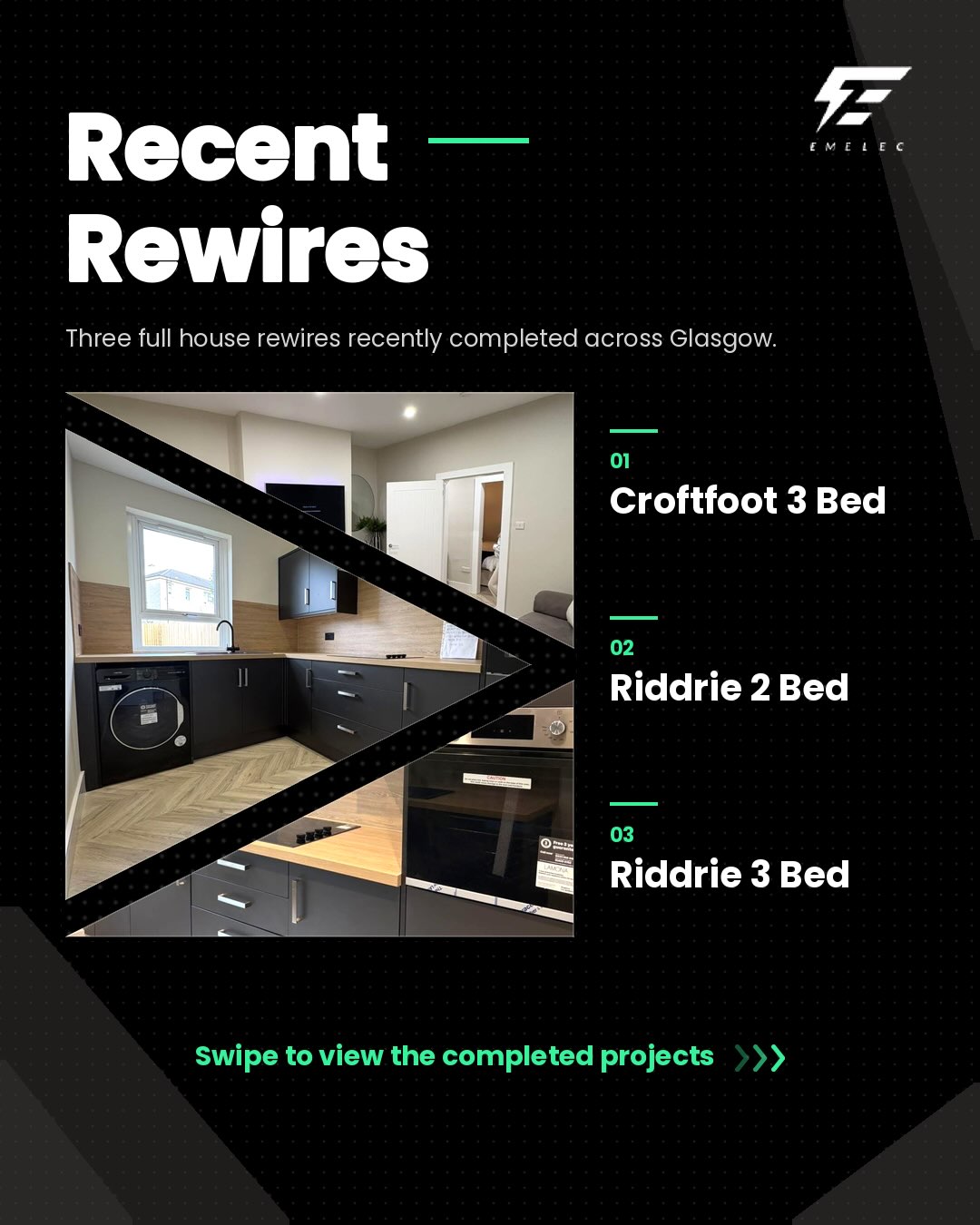 Three full house rewires completed across Glasgow recently.
1. Croftfoot, 3 bed
2. Riddrie, 2 bed
3. Riddrie, 3 bed
All three part of full home renovations brought to short term let spec. Full rewire, new consumer unit, interlinked smoke and heat detection, certified on handover. Safe, compliant and ready to book.
Bathrooms fitted and renovations managed by @bmcdplumbingheating
Swipe through to see the videos for each one. Get in touch for a free quote.