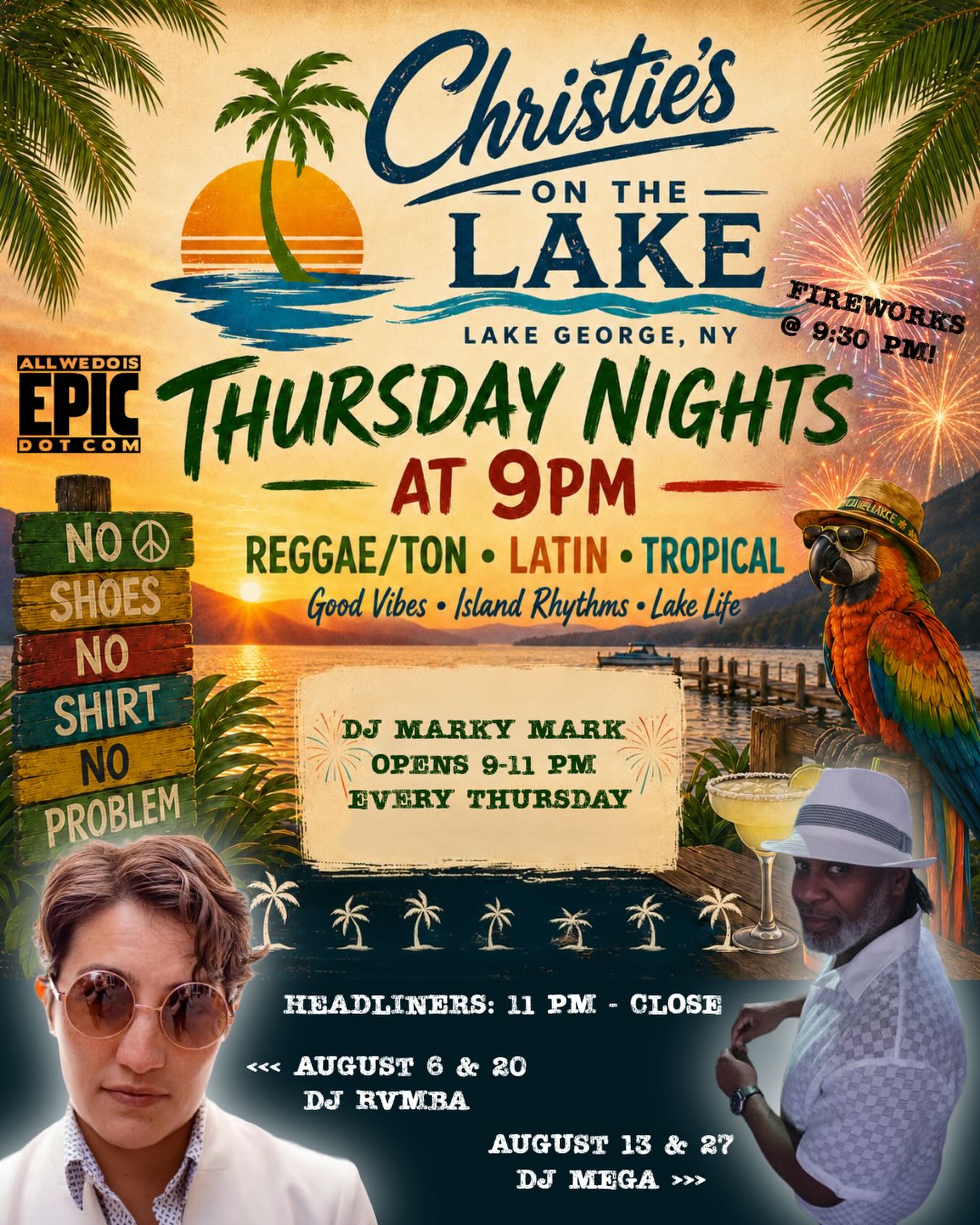 Your Thursdays in August after the fireworks @christiesonthelake Latin night schedule featuring our guy Marky Mark opening and headliners @dj_rvmba and @djmegavt all month. #allwedoisepic