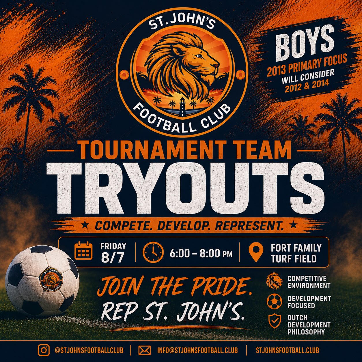 SJFC is building out a bench of 2013 Boys (will also consider 2012/14) for our upcoming season tournament team. Tryouts this Friday 8/7 6-8 pm @ Fort Family Turf Field