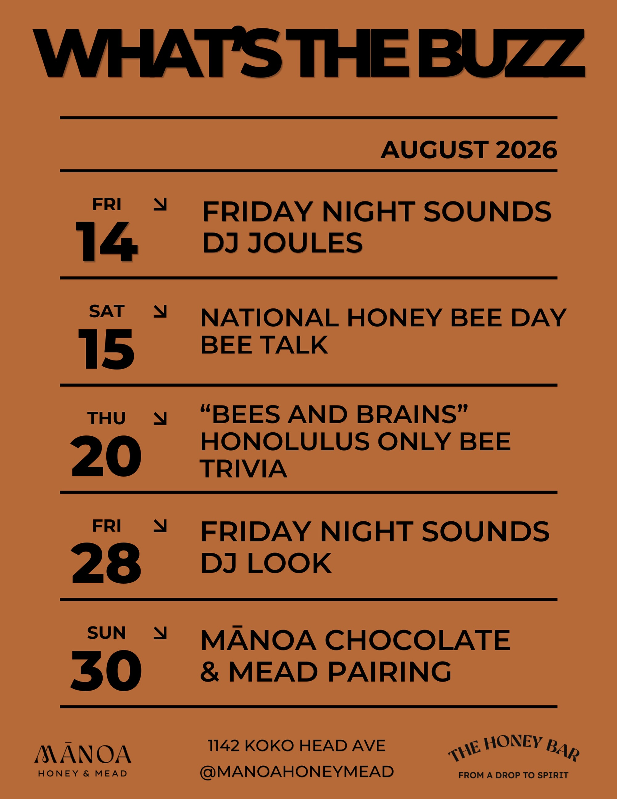 August is buzzing at Mānoa Honey & Mead! Here’s what’s on tap:
📅 8/14 — Friday Night Sounds w/ @joulesthadj_
📅 8/15 — National Honey Bee Day Bee Talk
📅 8/20 — “Bees and Brains” Trivia (Honolulu’s only bee trivia!)
📅 8/28 — Friday Night Sounds w/ @therachellook
📅 8/30 — Mānoa Chocolate & Mead Pairing
Mark your calendars and come hang with us at 1142 Koko Head Ave 🍯
*These events are held at The Honey Bar in Kaimuki Only*
#ManoaHoneyMead #TheHoneyBar #HonoluluEvents #MeadBar #FromADropToSpirit Oahu