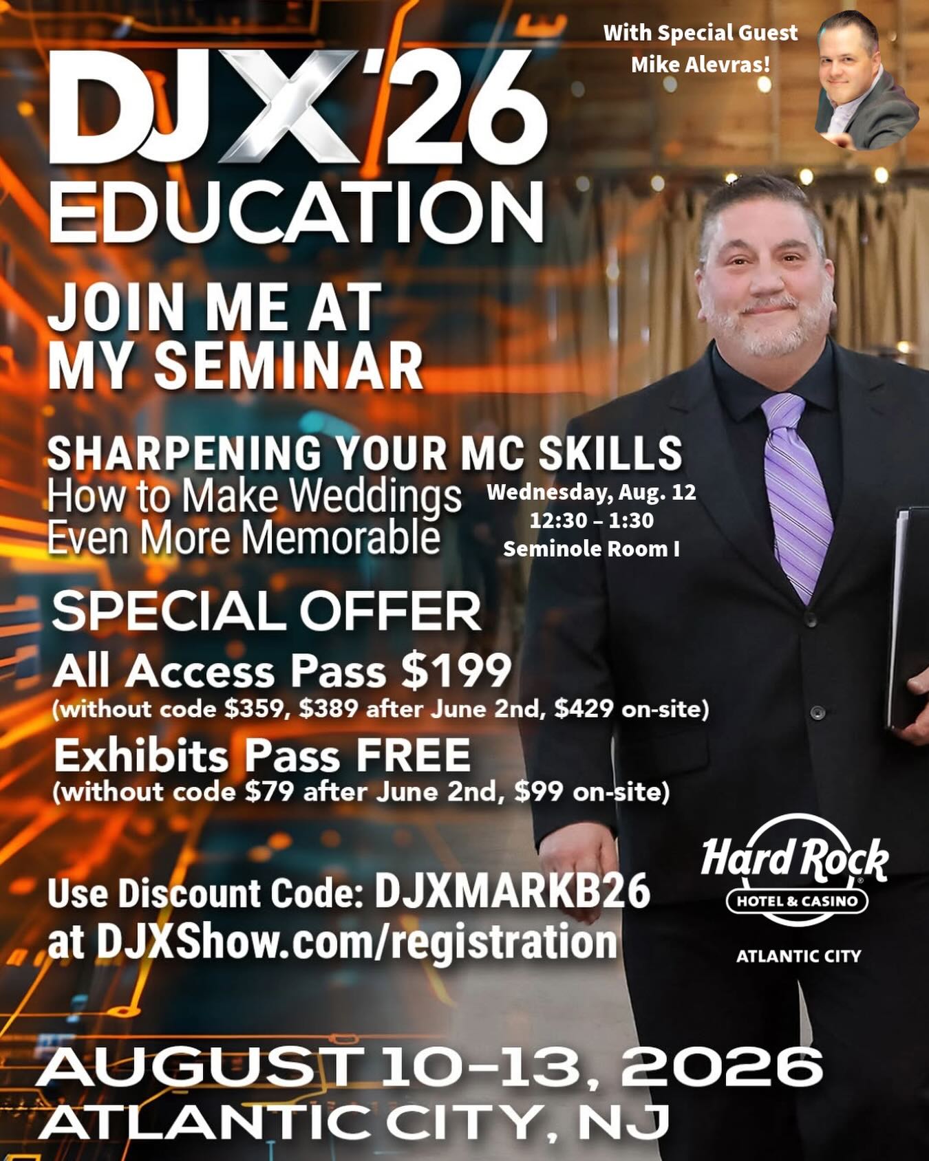 Our guy Mark is hosting a great MC seminar offering solutions to making weddings more memorable. Use code on flyer to save! #allwedoisepic see you at @djxshowofficial next week!