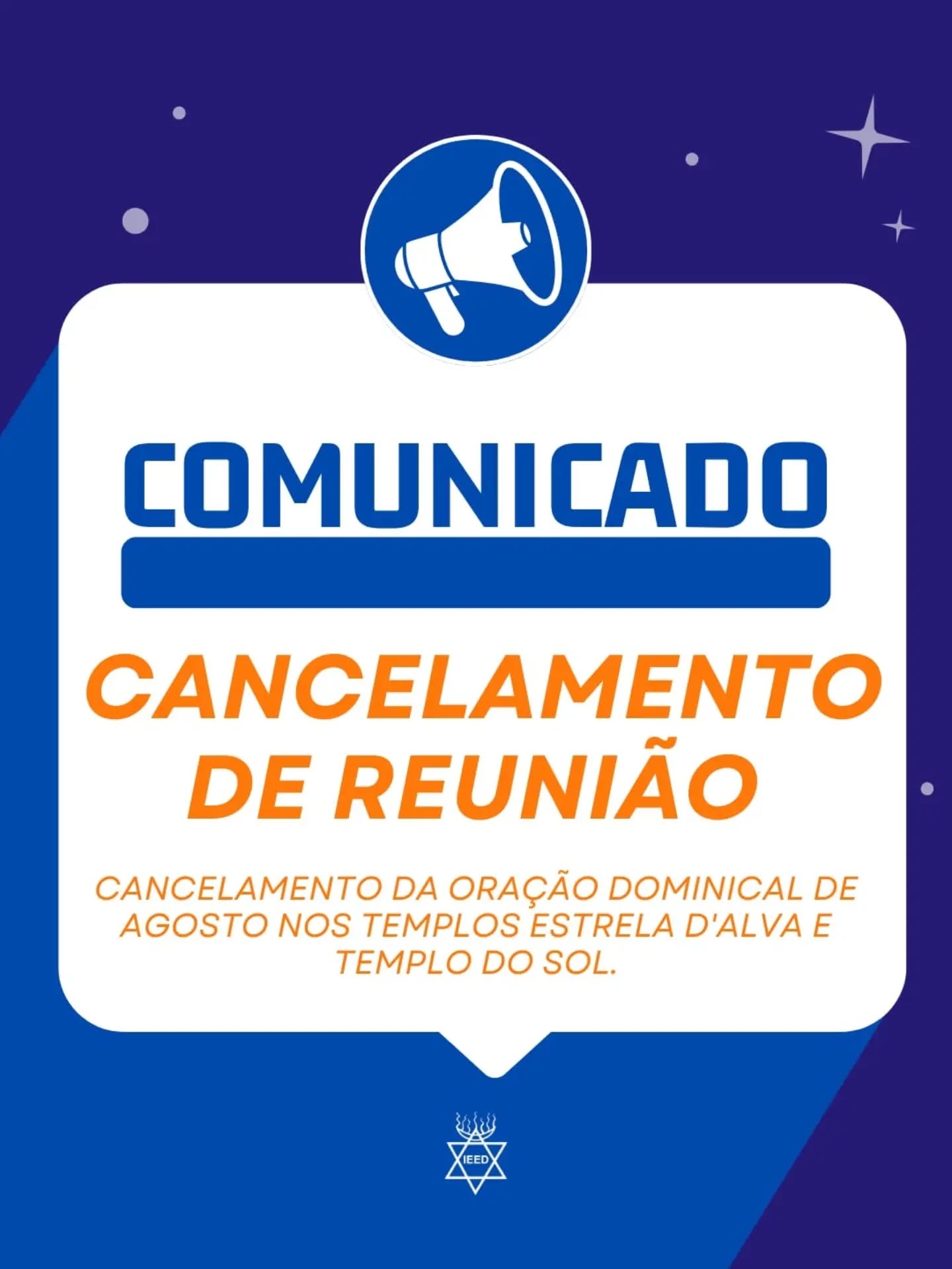 *COMUNICADO IMPORTANTE*
A Reunião da Oração Dominical do mês de agosto prevista para o próximo domingo dia 9 de agosto em conjunto no Templo do Sol está cancelada.
Reiteramos que o Trabalho da Saúde para a Oração Dominical previsto para o sábado dia 8 de agosto das 9 às 18h está mantido.
Agradecemos a compreensão.