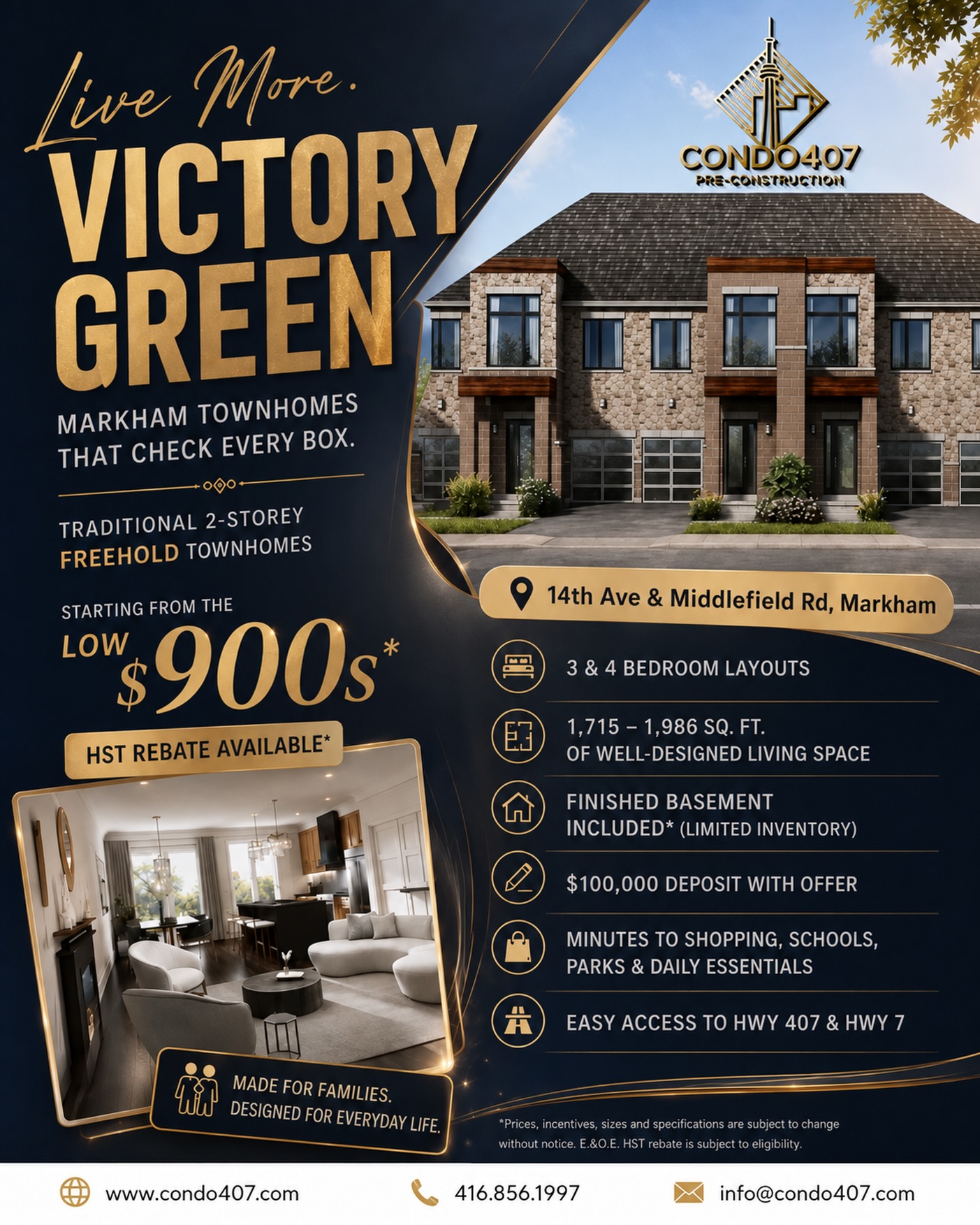 🏡 VICTORY GREEN | MARKHAM FREEHOLD TOWNS FROM THE $900s
Victory Green at 14th Ave & Middlefield Rd, Markham offers traditional two-storey freehold townhomes with three- and four-bedroom layouts designed for a range of family space needs.
💰 From the $900s*
🏡 Traditional two-storey Freehold Townhomes
🛏️ 3 & 4 bedroom layouts
📐 Approx. 1,715–1,986 sq. ft.
✨ Finished basements included with select existing inventory
💵 $100,000 deposit with offer
🧾 Eligible purchasers may qualify for an HST rebate*
📍 14th Ave & Middlefield Rd, Markham
🚗 Close to Hwy 407 & Hwy 7
🛍️ Near shopping, schools, parks and everyday amenities
For households comparing freehold ownership, traditional two-storey layouts and additional bedroom space, Victory Green offers several home configurations to consider.
Contact Condo407 for current floor plans, pricing and unit information.
Condo407 Pre-Construction
☎️ 416.856.1997
📧 info@condo407.com
🌐 www.condo407.com
#VictoryGreen #MarkhamTownhomes #MarkhamRealEstate #FreeholdTownhomes #Condo407