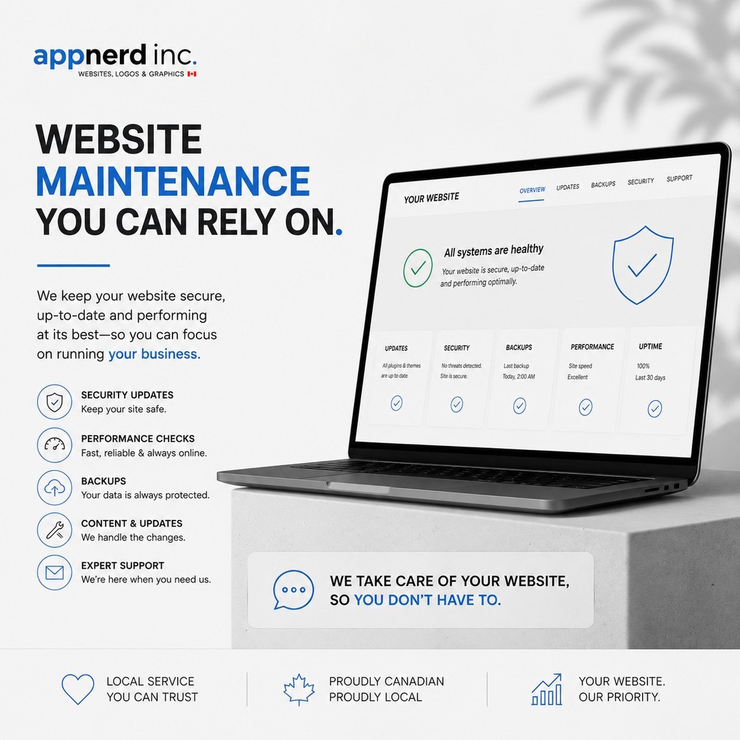 🔧 Your website shouldn't be another thing you have to worry about.
A website isn't something you build once and forget.
It needs regular updates, security monitoring, backups, and ongoing maintenance to keep it running smoothly and protecting your business.
That's where AppNerd Inc. comes in.
We take care of the technical side, so you can focus on what matters most... running your business.
Our Website Maintenance plans include:
✔️ Security Updates & Monitoring
✔️ Website Backups
✔️ Performance Optimization
✔️ Content Updates
✔️ Software & Plugin Maintenance
✔️ Ongoing Technical Support
Whether we built your website or someone else did, we can help keep it secure, fast, and performing at its best.
🇨🇦 Proudly Canadian. Proudly Local.
When you work with AppNerd Inc., you're not dealing with a faceless support desk. You're working directly with a local team that knows your business and is here when you need us.
Your website is one of your most valuable business assets.
Let's keep it that way.
📩 Contact us today to learn more about our affordable Website Maintenance plans
.
#WebsiteMaintenance #WebsiteSupport #WebsiteSecurity #SmallBusiness #BusinessGrowth #WebDesign #WebsiteDevelopment #WordPress #WixStudio #WebsiteCare #SupportLocal #CanadianBusiness #NewmarketOntario #YorkRegionBusiness #DigitalMarketing #BusinessOwner #ProfessionalWebsite #AppNerdInc #WebsiteManagement #GrowYourBusiness
