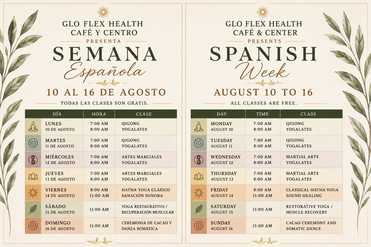 Every August, GLO Flex Health Café & Center celebrates Spanish Week! 🇳🇮🧘🥋💪😋
For one special week, all of our classes are taught in Spanish and are FREE and open to everyone. (Our classes are actually always open to everyone.)
This year, we’re excited to showcase an incredible lineup of classes and teachers from around Nicaragua, including:
✨ Qigong
🥋 Kongo Dongo Martial Arts
🧘 Classical Hatha Yoga
💪 Yogalates (a fusion of Pilates & Yoga)
🌿 Restorative Yoga & Muscle Recovery
🍫 Cacao Ceremony & Somatic Dance
Each year, it’s a privilege to welcome our local community and friends from across Nicaragua to experience what we offer at GLO.
Enjoy a full week of FREE classes, plus complimentary café specials after class.
Our purpose is to bring people together and showcase our passion for healing movement and nourishing food.
📍 August 10–16
⸻
¡Cada agosto, GLO Flex Health Café & Center celebra su Semana en Español! 🇳🇮🧘🥋💪😋
Durante una semana especial, todas nuestras clases se imparten en español, son GRATUITAS y están abiertas para todos. (De hecho, nuestras clases siempre están abiertas para todos.)
Este año, nos emociona presentar una increíble selección de clases e instructores de diferentes partes de Nicaragua, incluyendo:
✨ Qigong
🥋 Artes Marciales Congo Dongo
🧘 Hatha Yoga Clásico
💪 Yogalates (una fusión de yoga y pilates)
🌿 Yoga Restaurativo y Recuperación Muscular
🍫 Ceremonia de Cacao y Danza Somática
Cada año es un privilegio recibir a nuestra comunidad local y a amigos de toda Nicaragua para que conozcan todo lo que ofrecemos en GLO.
Disfruta de una semana completa de clases GRATUITAS, además de promociones especiales de cortesía en nuestra cafetería después de cada clase.
Nuestro propósito es unir a las personas y compartir nuestra pasión por el movimiento sanador y la alimentación nutritiva.
📍 10–16 de agosto