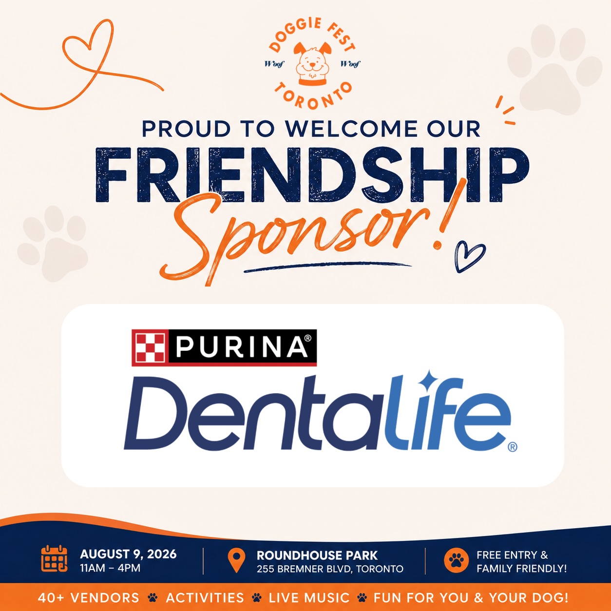 🐶✨ We’re excited to welcome Purina Dentalife as our Friendship Sponsor for Doggie Fest 2026!
A huge thank you to Purina Dentalife for supporting healthy smiles and helping make Toronto’s largest dog festival even more exciting. 🦷🐾
🎁 Don’t forget to stop by Doggie Fest booth and pick up your exclusive coupon to save $4 on any Purina Dentalife product! While supplies last.
Join us for an unforgettable day of:
🐾 40+ Local Pet Vendors
🎶 Live Music & DJ
📸 Free Pet Portraits
🎨 Free Caricatures & Face Painting
🐕 Agility & Lure Course
🚂 Mini Train Rides
🎉 Photo Ops, Ball Pit & More!
📅 August 9, 2026
📍 Roundhouse Park, Toronto
⏰ 11:00 AM – 4:00 PM
🎟️ FREE Admission
We can’t wait to see you and your pup there! 🧡
#DoggieFest #DoggieFestTO #TorontoDogs #TorontoEvents #DogFriendlyTO