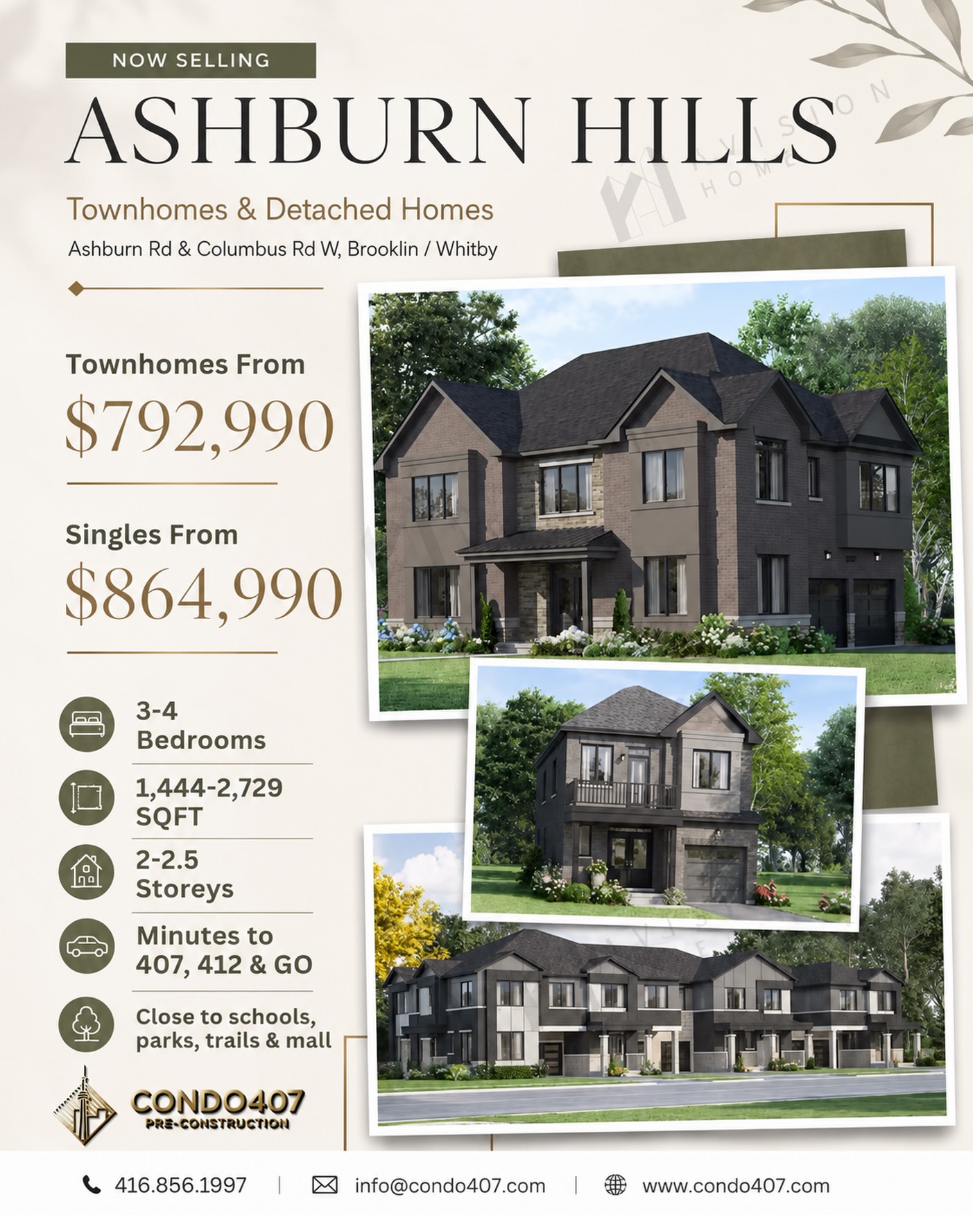 🌿 ASHBURN HILLS | NEW HOMES IN WHITBY / BROOKLIN
Ashburn Hills offers a collection of townhomes and detached homes for households looking for additional living space in Durham Region.
📍 Ashburn Rd & Columbus Rd W, Brooklin / Whitby
💰 Townhomes starting from $792,990*
💰 Detached homes starting from $864,990*
🏡 Two-storey townhomes and detached homes
🛏️ Three- and four-bedroom layouts
📐 Approximately 1,444–2,729 sq. ft.
🚗 Access to Highways 407 and 412, as well as nearby GO Transit
🌿 Schools, parks, trails and shopping located in the surrounding area
The community includes several home types and sizes, providing options for different household and space requirements.
Contact Condo407 for current floor plans, pricing and unit information.
Condo407 Pre-Construction
☎️ 416.856.1997
📧 info@condo407.com
🌐 www.condo407.com
#AshburnHills #WhitbyHomes #BrooklinHomes #DurhamRegionRealEstate #Condo407