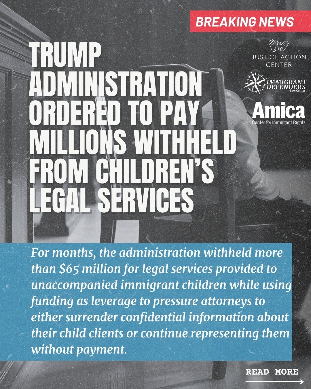 šØ BREAKING: šØ
A federal court has ordered the Trump administration to pay more than $65 million previously withheld from the legal service providers who continued standing beside unaccompanied immigrant children despite months of non-payment. The government stopped paying in December 2025, forcing some organizations to lay off staff, reduce services, stop accepting new cases, or shut down altogether.
We remain committed to our child clients, but no provider can sustain this work indefinitely without reliable fundingāand no child should pay the price for the administrationās lawlessness.
#ProtectKids #NoImmigrantStandsAlone #DueProcessForAll #FundLegalServices #KeepKidsSafe