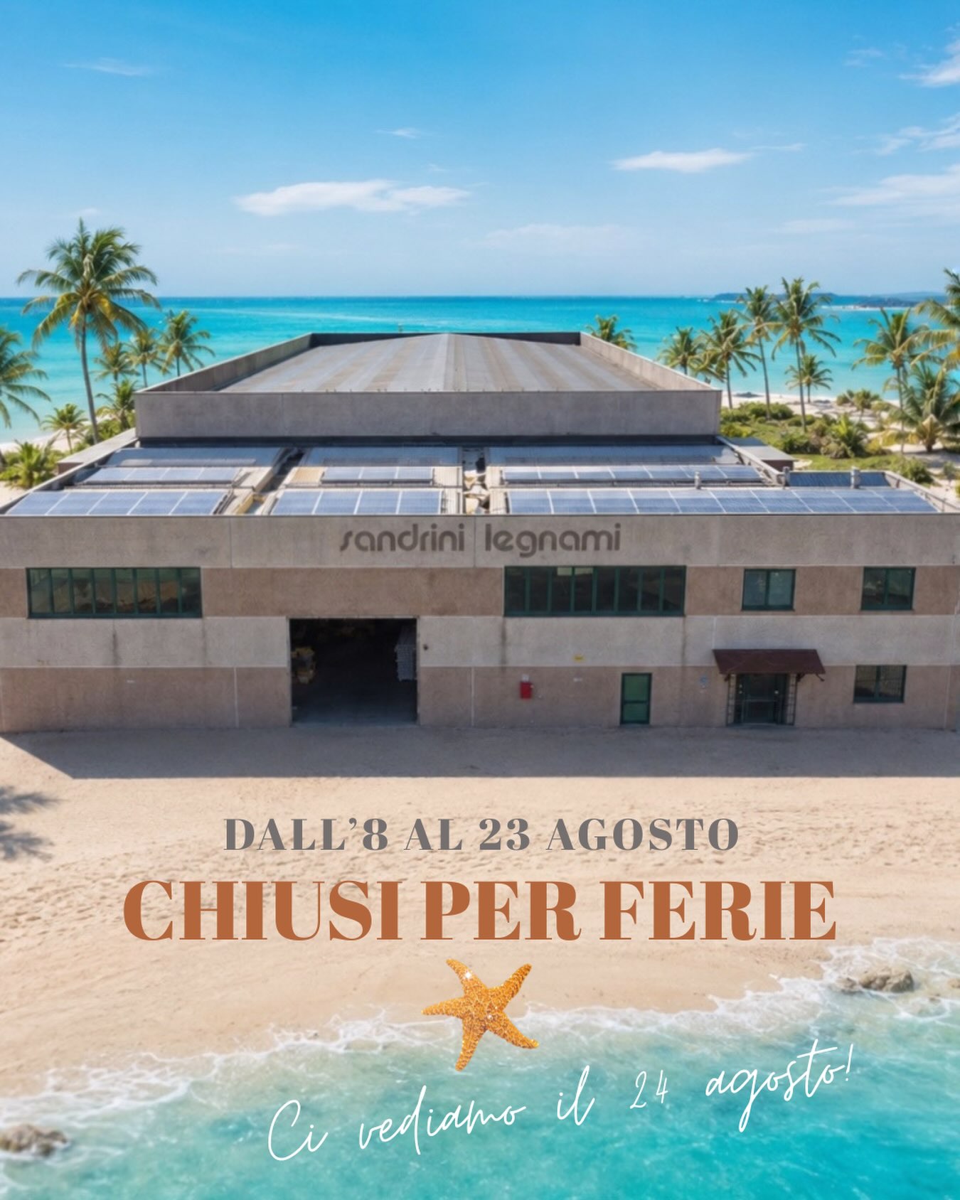 È tempo di una pausa 🏝️
Informiamo clienti e fornitori che la Sandrini Legnami resterà chiusa per ferie da domani 8 agosto, fino a domenica 23 agosto!
Ringraziamo tutti per la fiducia e auguriamo una splendida estate.
A presto⛱️